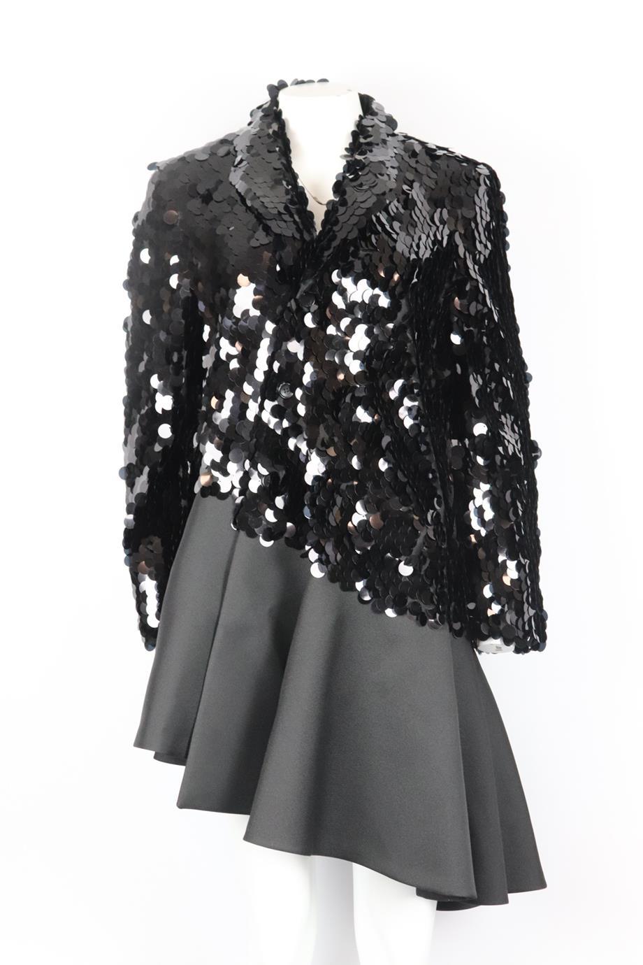 Comme de Garçons asymmetric sequined chiffon coat. Black. Long sleeve, v-neck. Button fastening at front. 100% Polyester; lining: 100% cupra. Size: Medium (UK 10, US 6, FR 38, IT 42). Shoulder to shoulder: 16.5 in. Bust: 38 in. Waist: 40 in. Hips: