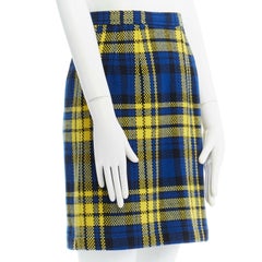 COMME DES GARCONS AW1990 blue yellow tartan plaid checked wool mini skirt S 24"
