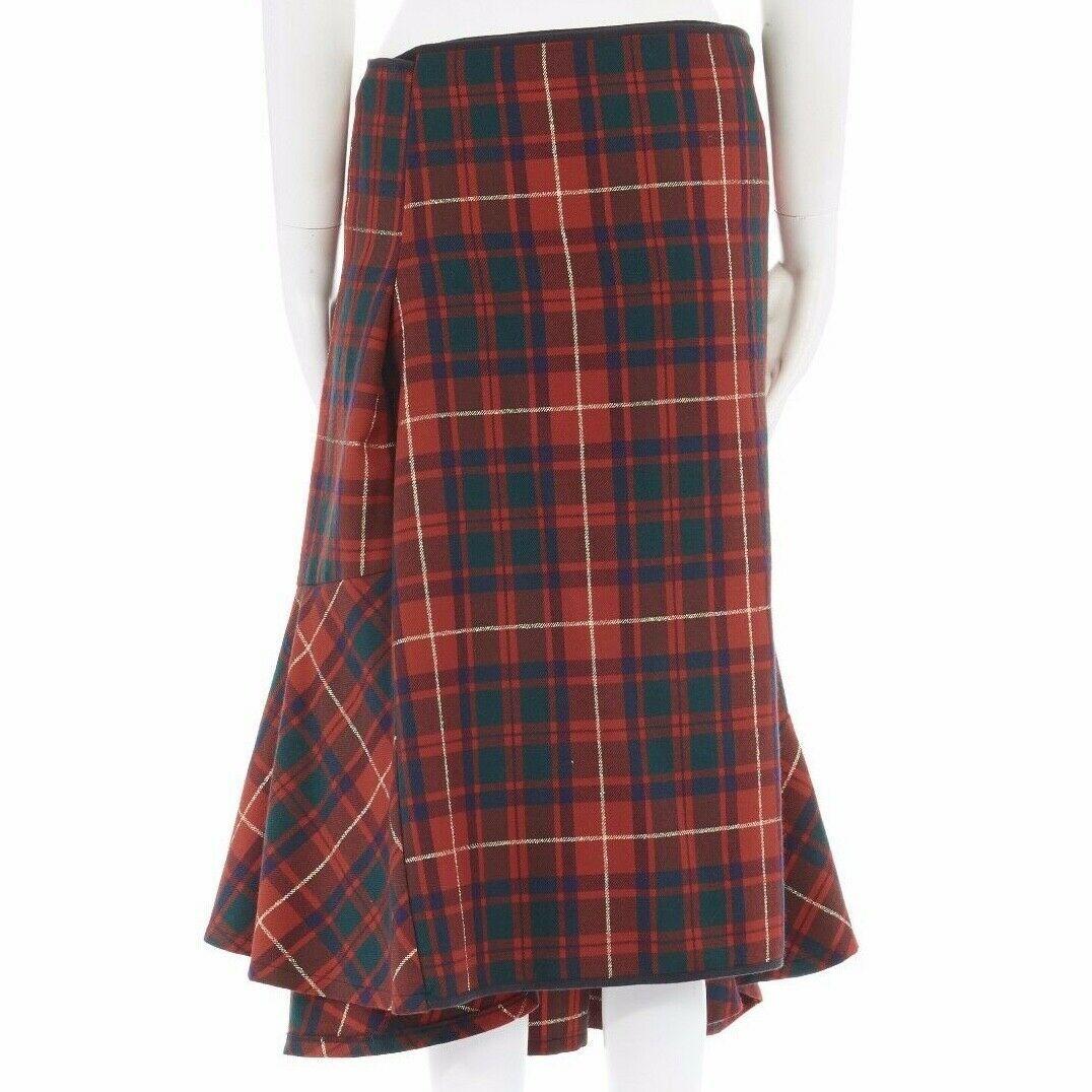 COMME DES GARCONS AW99 punk red tartan plaid ruffle hem layered wrap pin skirt M In Excellent Condition In Hong Kong, NT