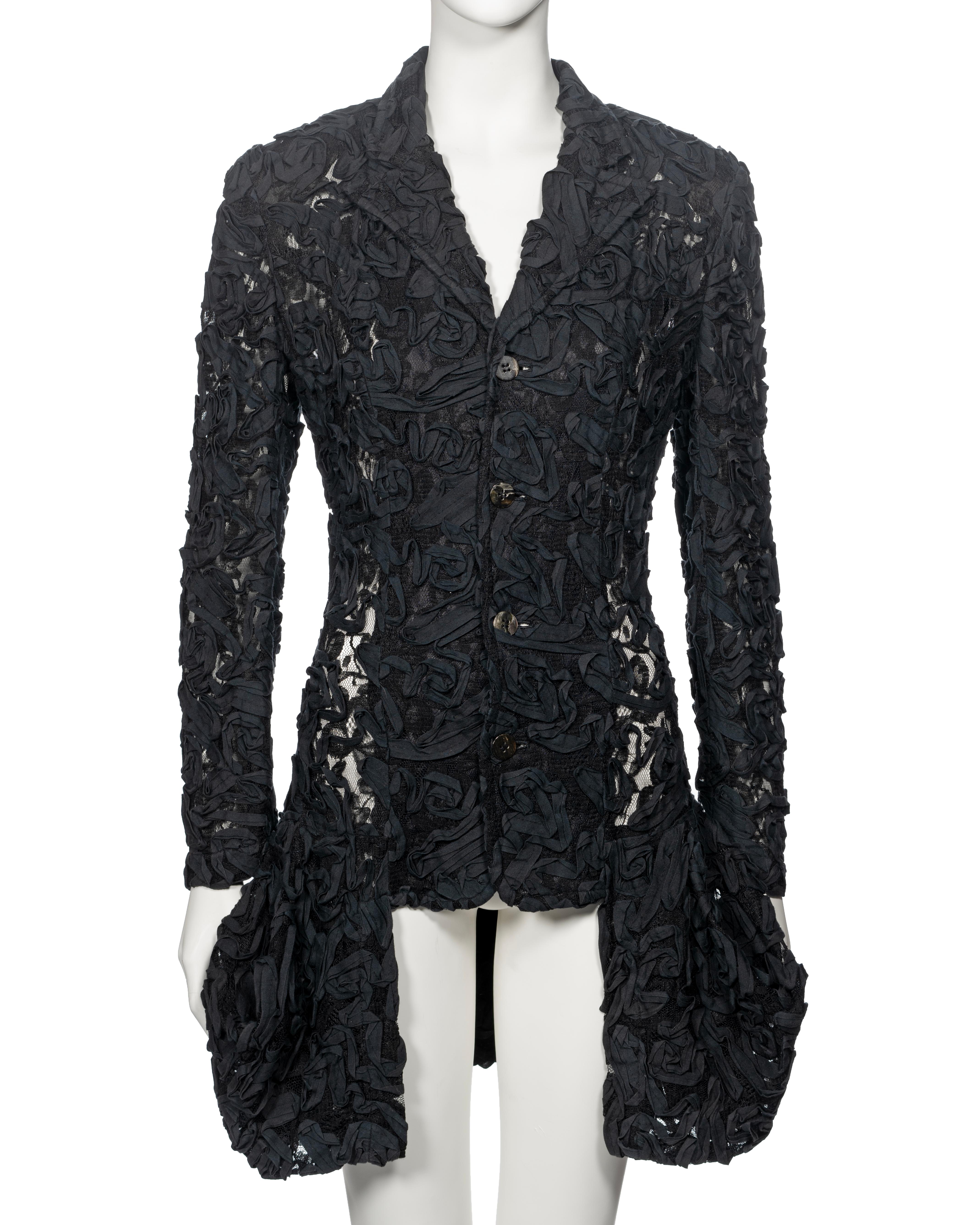 Comme des Garçons Black Lace Bubble Hem Jacket With Ribbon Embroidery, ss 1987 In Good Condition For Sale In London, GB