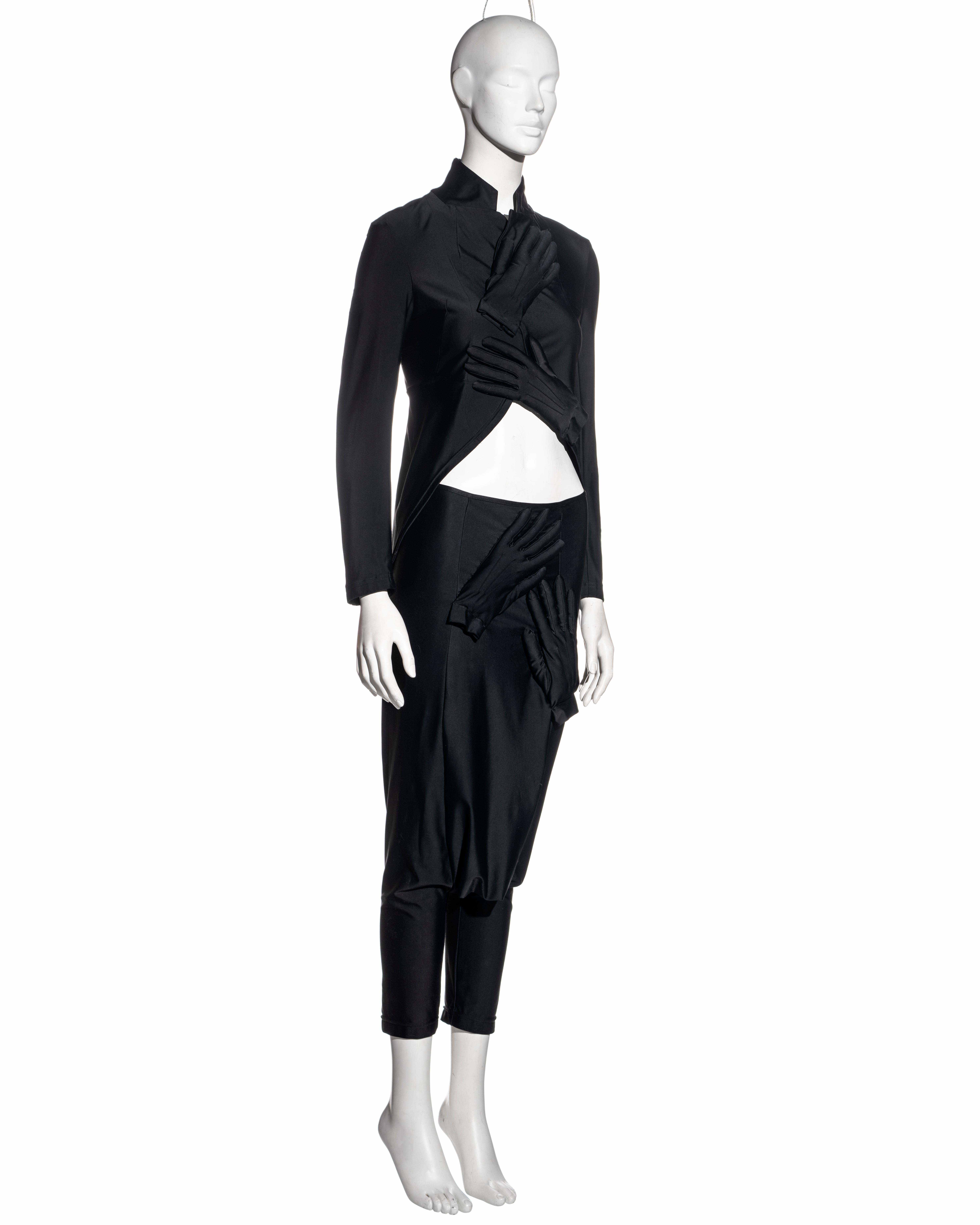 Women's Comme des Garçons black lycra jacket and pants with padded hand motifs, fw 2007