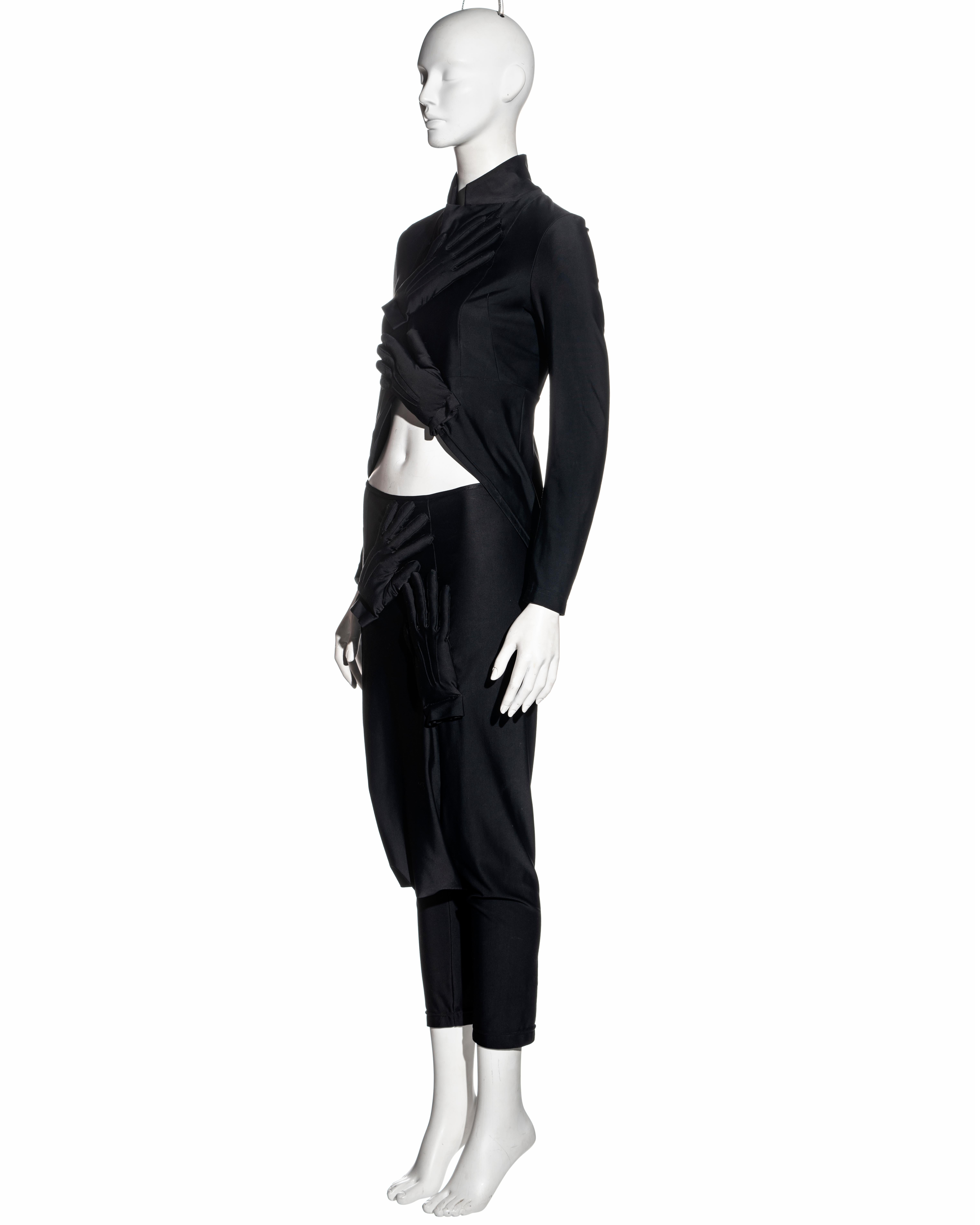 Comme des Garçons black lycra jacket and pants with padded hand motifs, fw 2007 2