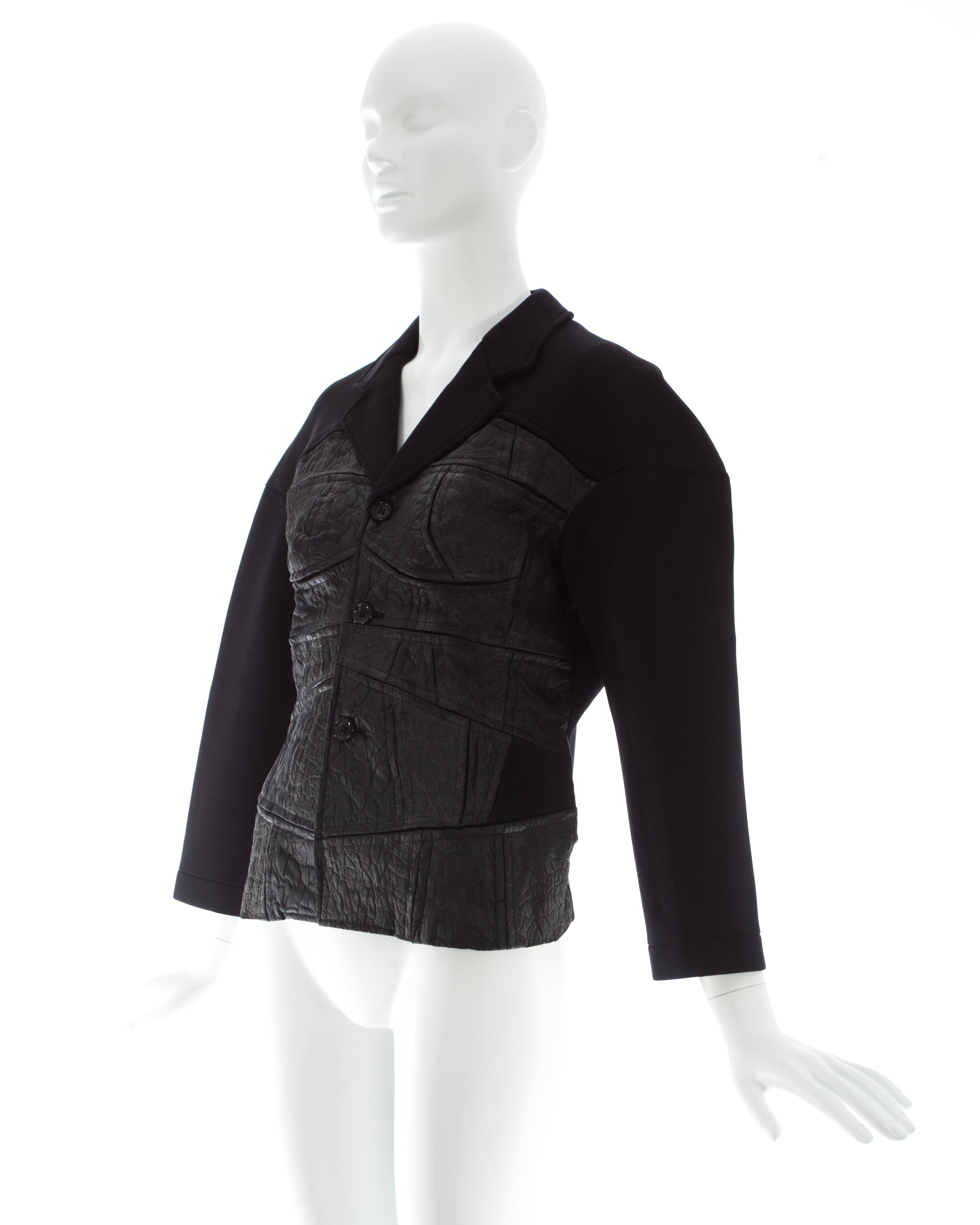 Women's Comme des Garcons black neoprene jacket with satin brocade appliqué, fw 1990 For Sale