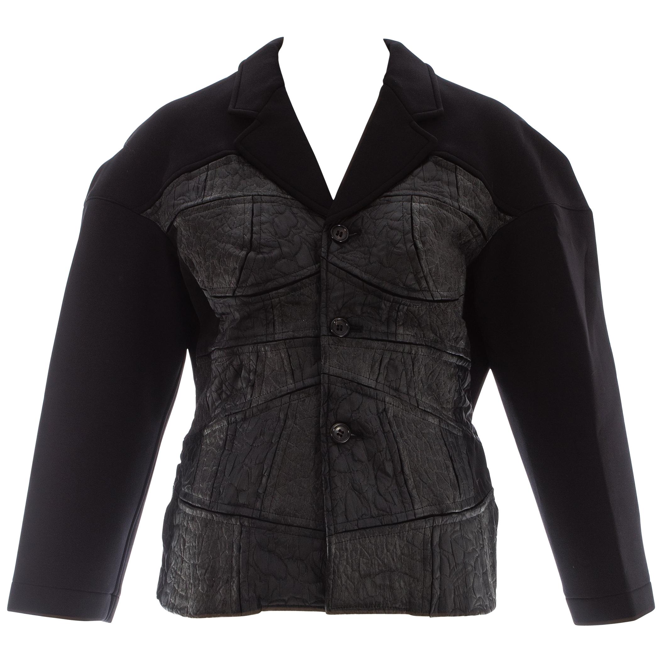 Comme des Garcons black neoprene jacket with satin brocade appliqué, fw 1990 For Sale
