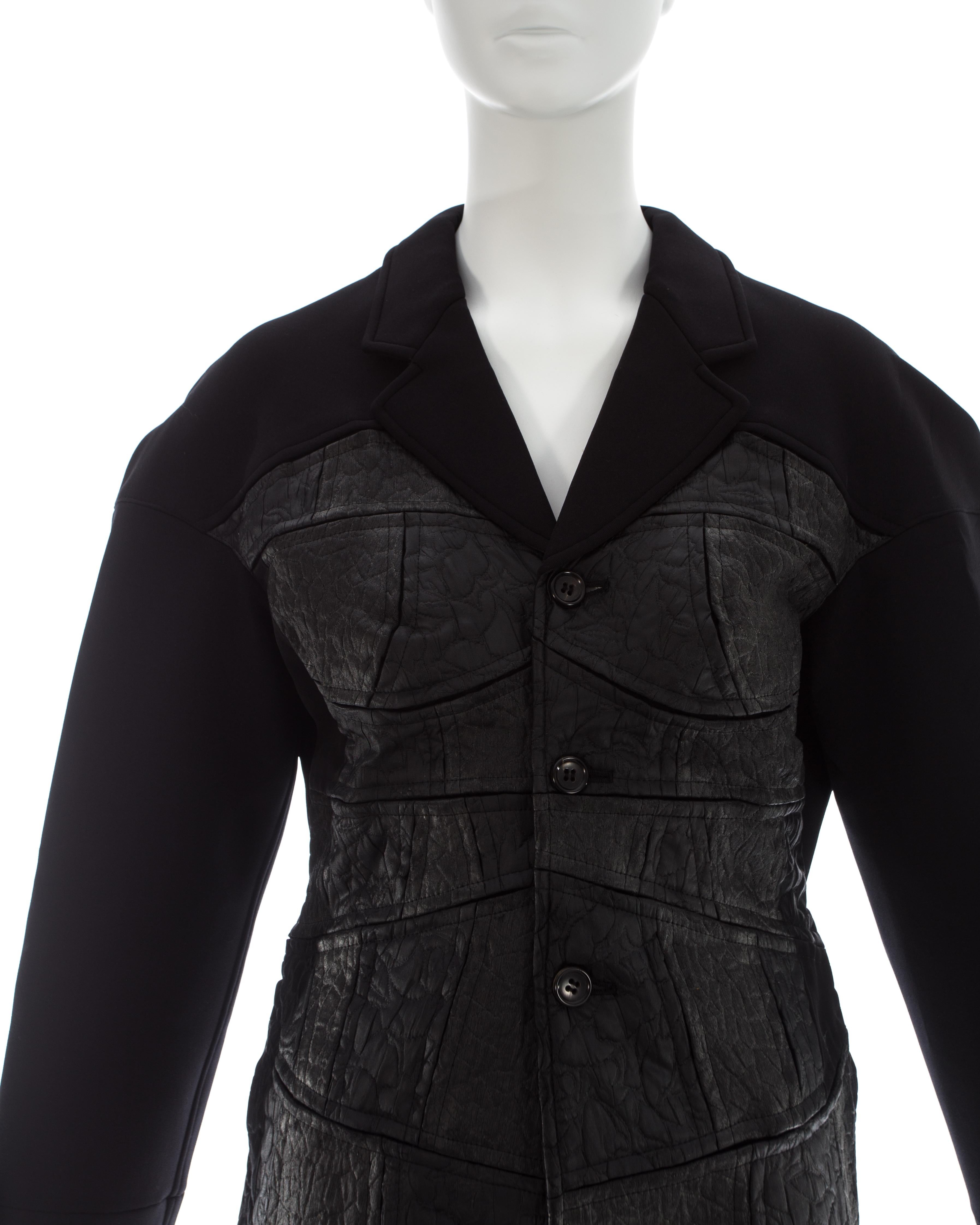 Noir Comme des Garcons, veste en néoprène noir avec application de brocart de satin, fw 1990 en vente
