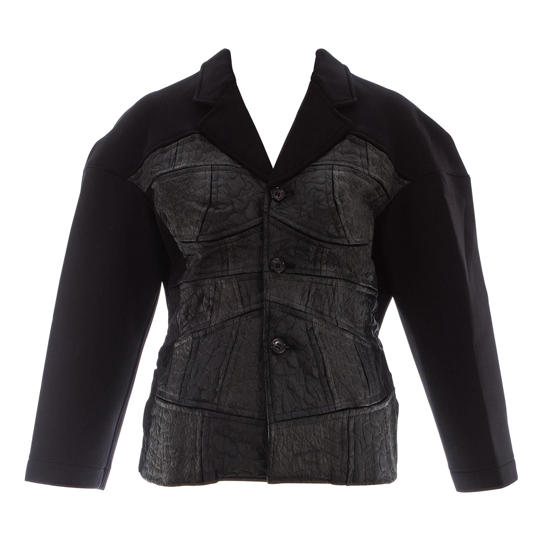 Comme des Garcons black neoprene jacket with satin brocade appliqué, fw 1990