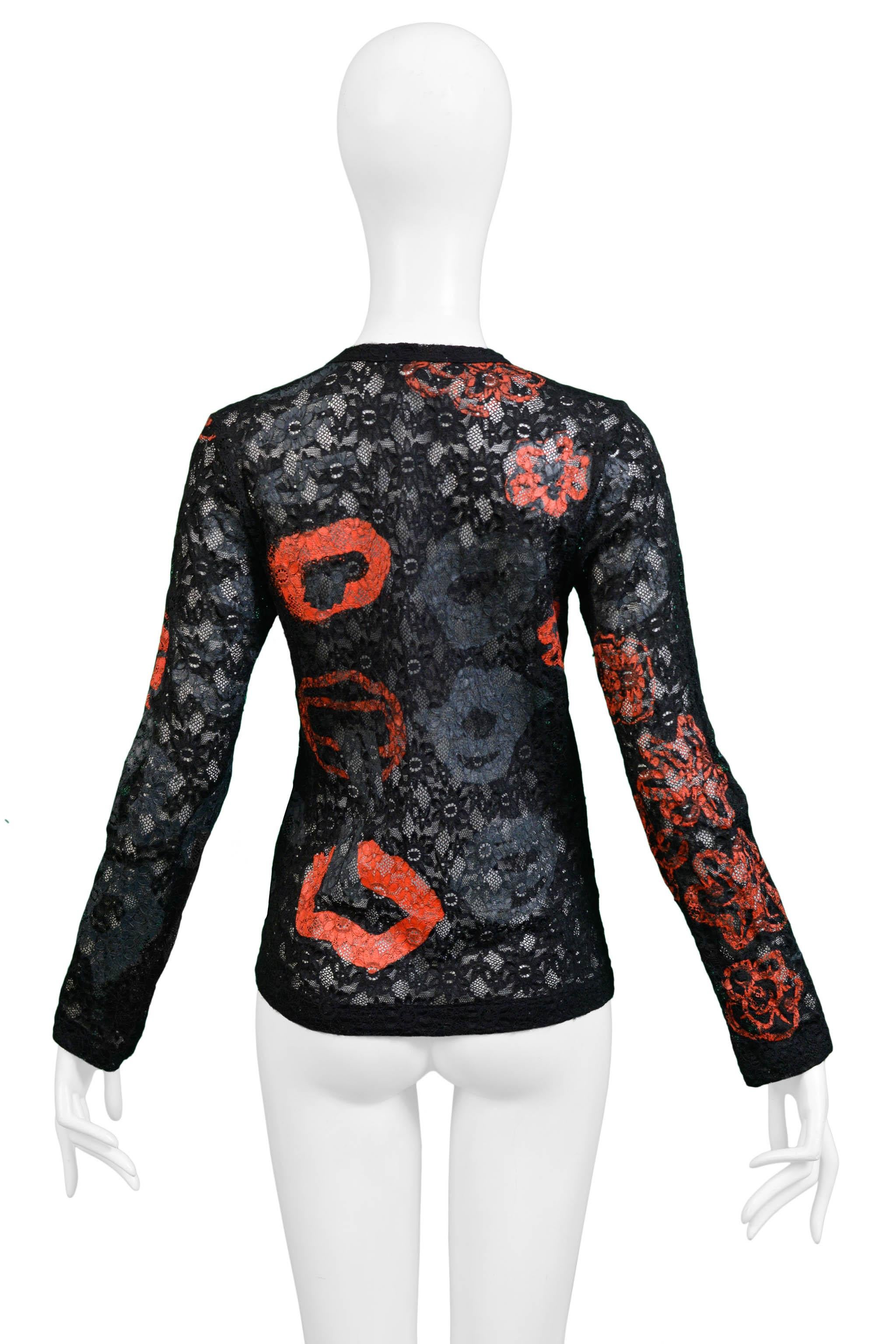 Comme Des Garcons Black Red & Grey Printed Lace Top 2000 In Excellent Condition For Sale In Los Angeles, CA