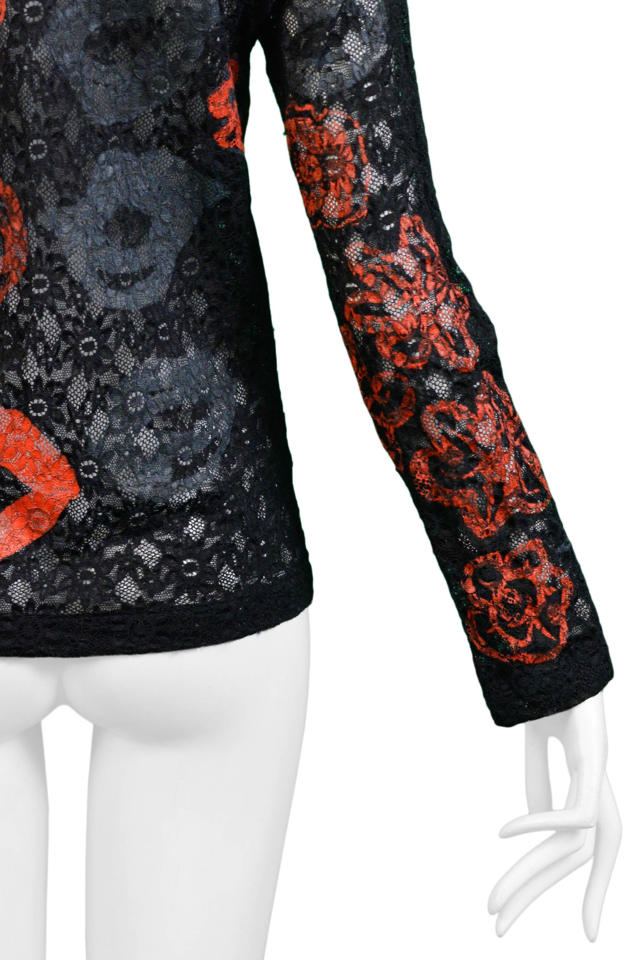 Comme Des Garcons Black Red & Grey Printed Lace Top 2000 For Sale 1