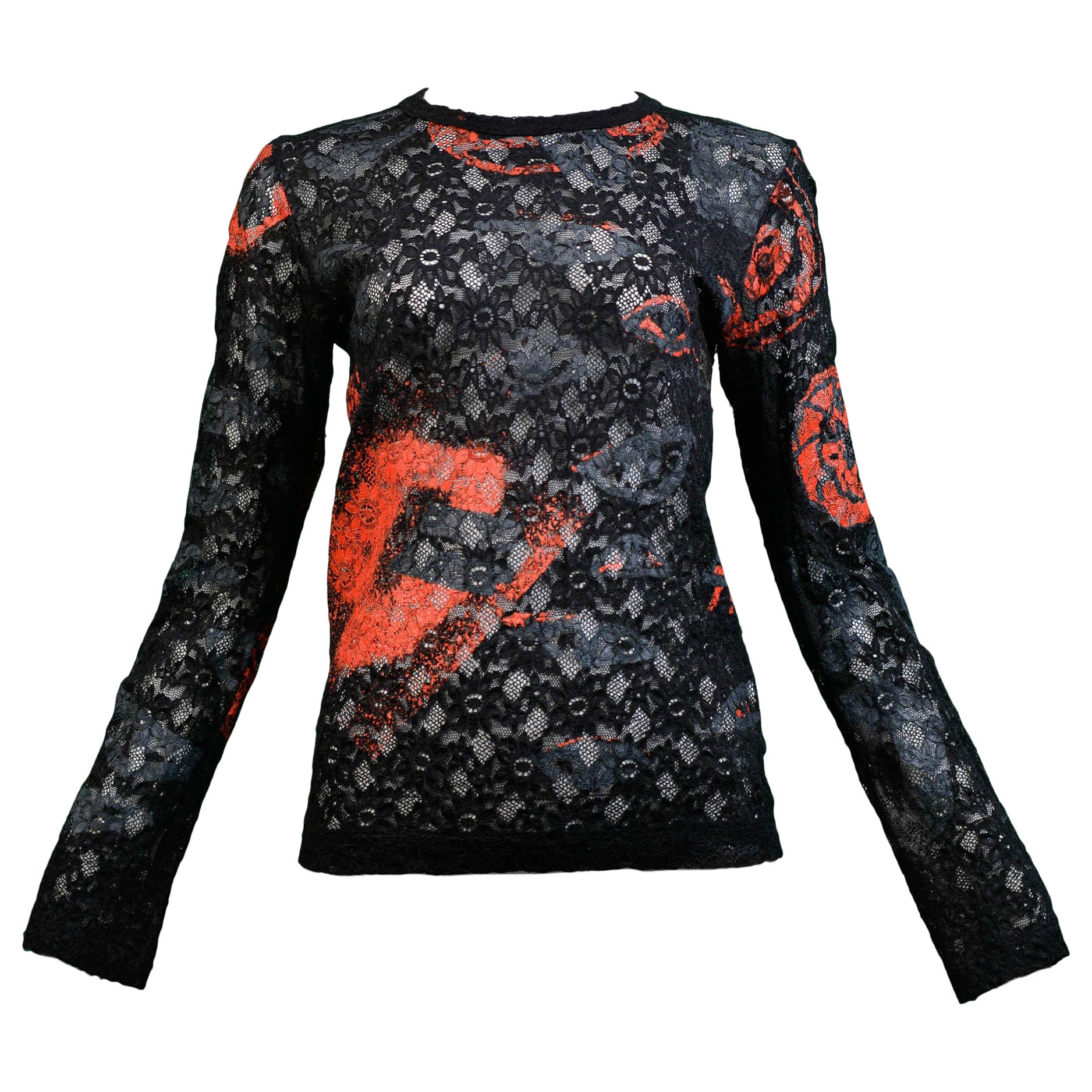 Top in pizzo stampato Comme Des Garcons nero, rosso e grigio 2000 in vendita