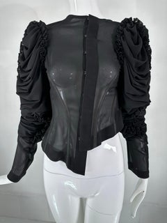Comme Des Garcons Black Sheer Chiffon Bodice Draped Ruffle Balloon Sleeve Top