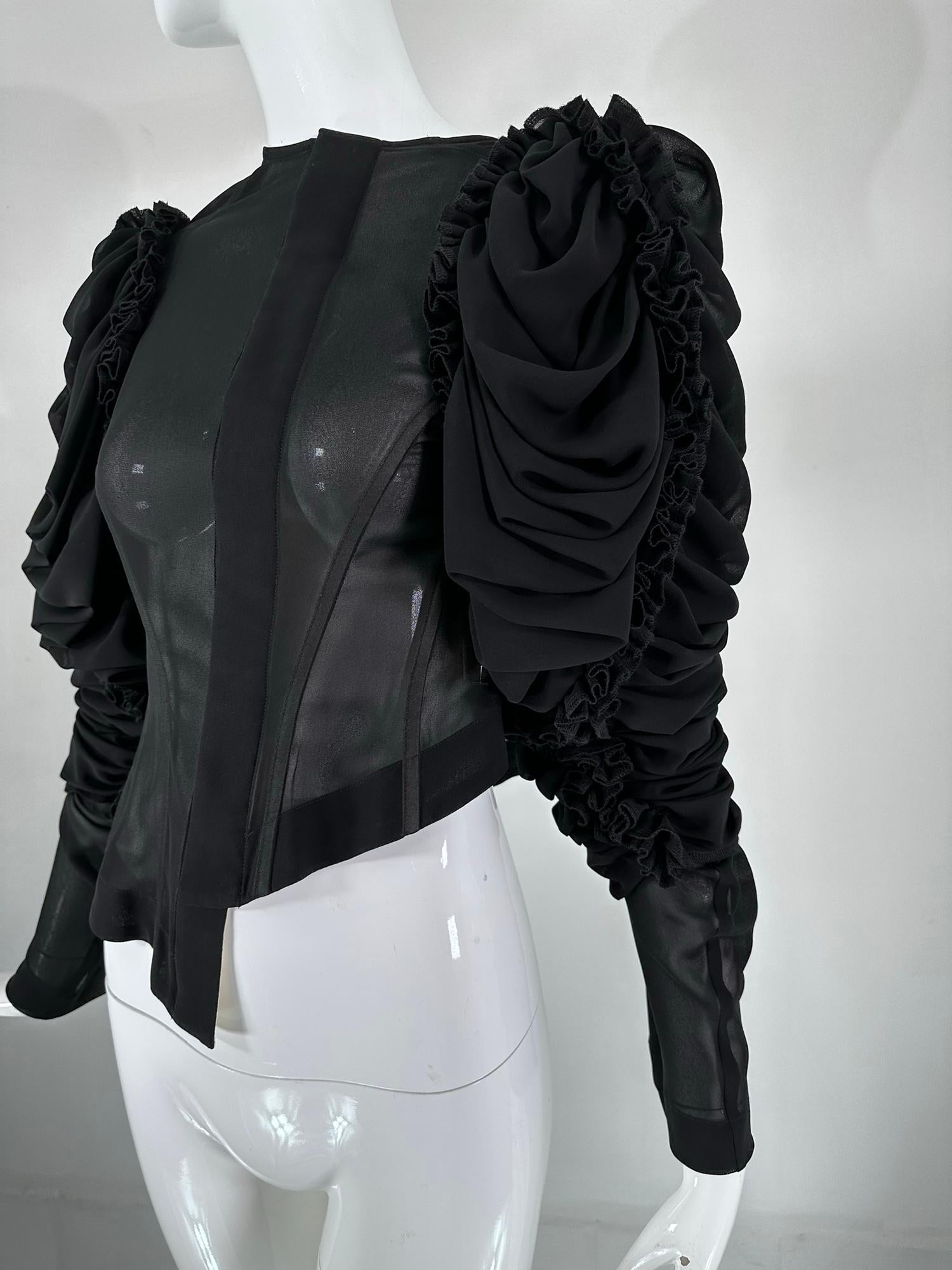 Comme Des Garcons Black Sheer Chiffon Bodice Draped Ruffle Balloon Sleeve Top   In Good Condition In West Palm Beach, FL