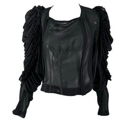 Comme Des Garcons Black Sheer Chiffon Bodice Draped Ruffle Balloon Sleeve Top