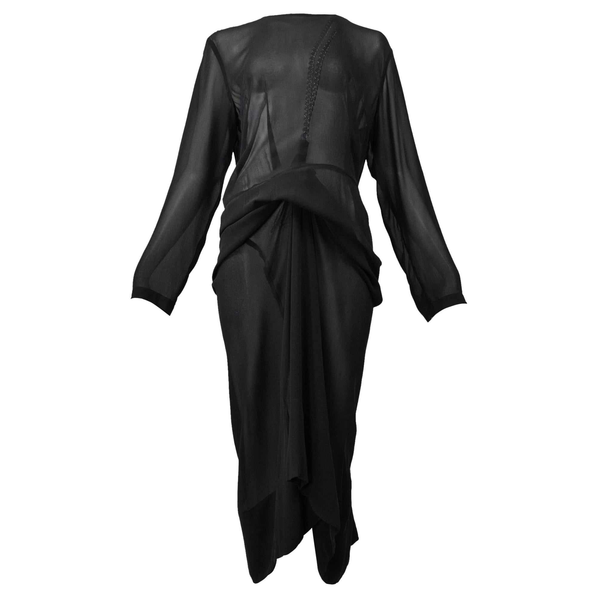 Comme Des Garcons Black Sheer Dress W/ Draping & Interior Silver Chains Aw 2000 en vente