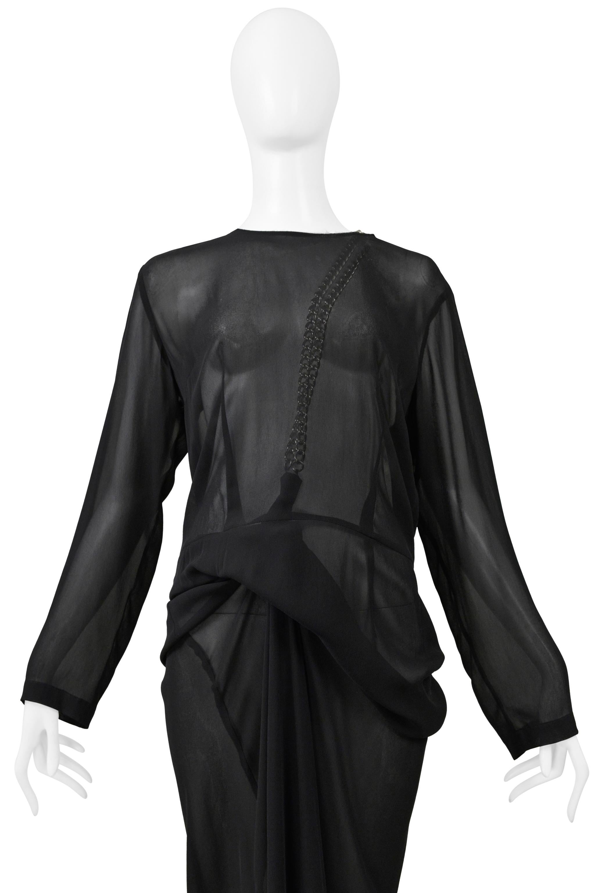 Noir Comme Des Garcons Black Sheer Dress With Draping & Interior Silver Chains Aw 200 en vente