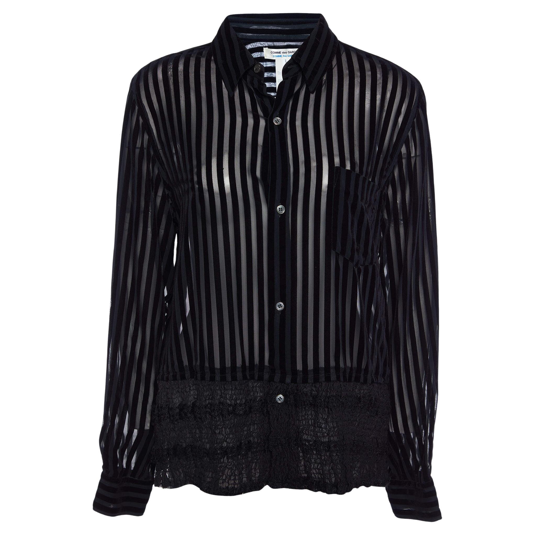 Comme des Garçons Black Striped Velour & Smocked Hem Shirt L