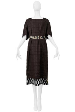 Comme Des Garcons Brown Day Dress With Camo Trim & Vinyl Checkerboard Trim 2001