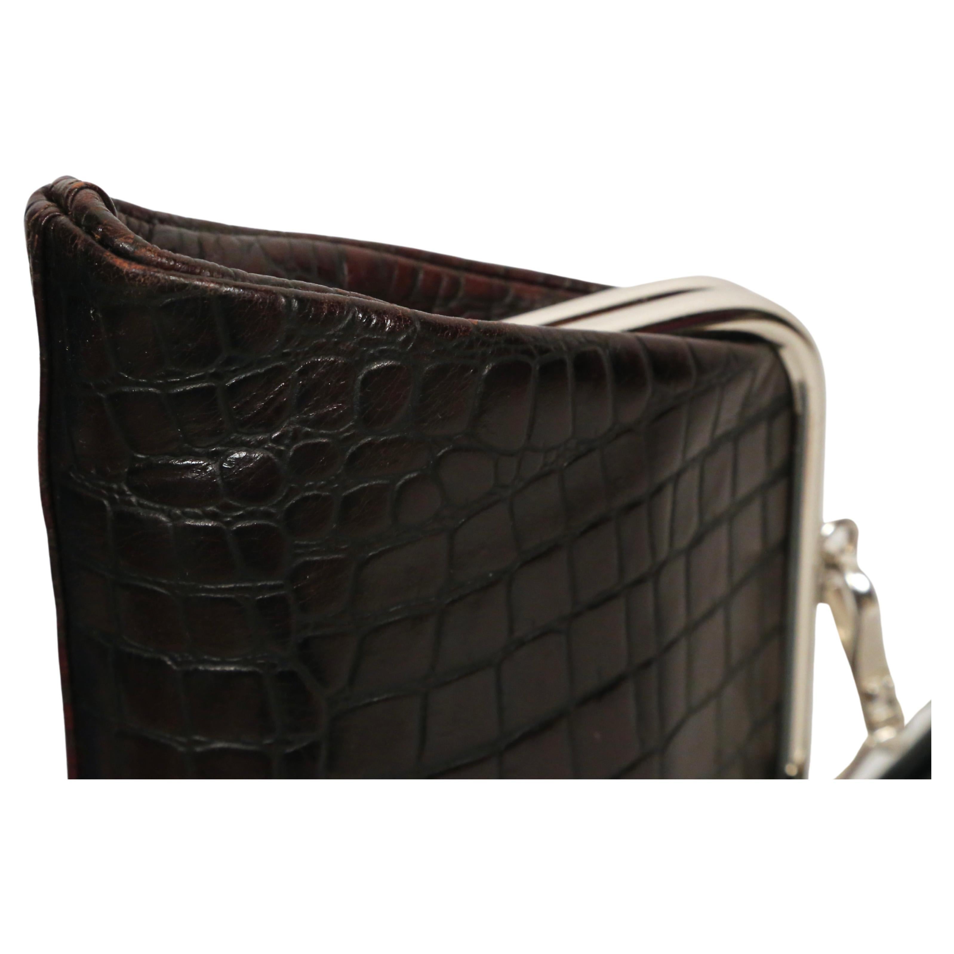 COMME DES GARCONS brown embossed leather bag with silver 'kiss lock' frame In Good Condition In San Fransisco, CA