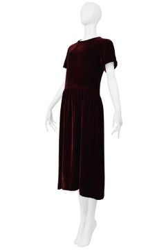 Comme Des Garcons Burgundy Velvet Short Sleeve Dress With Gathers 1997