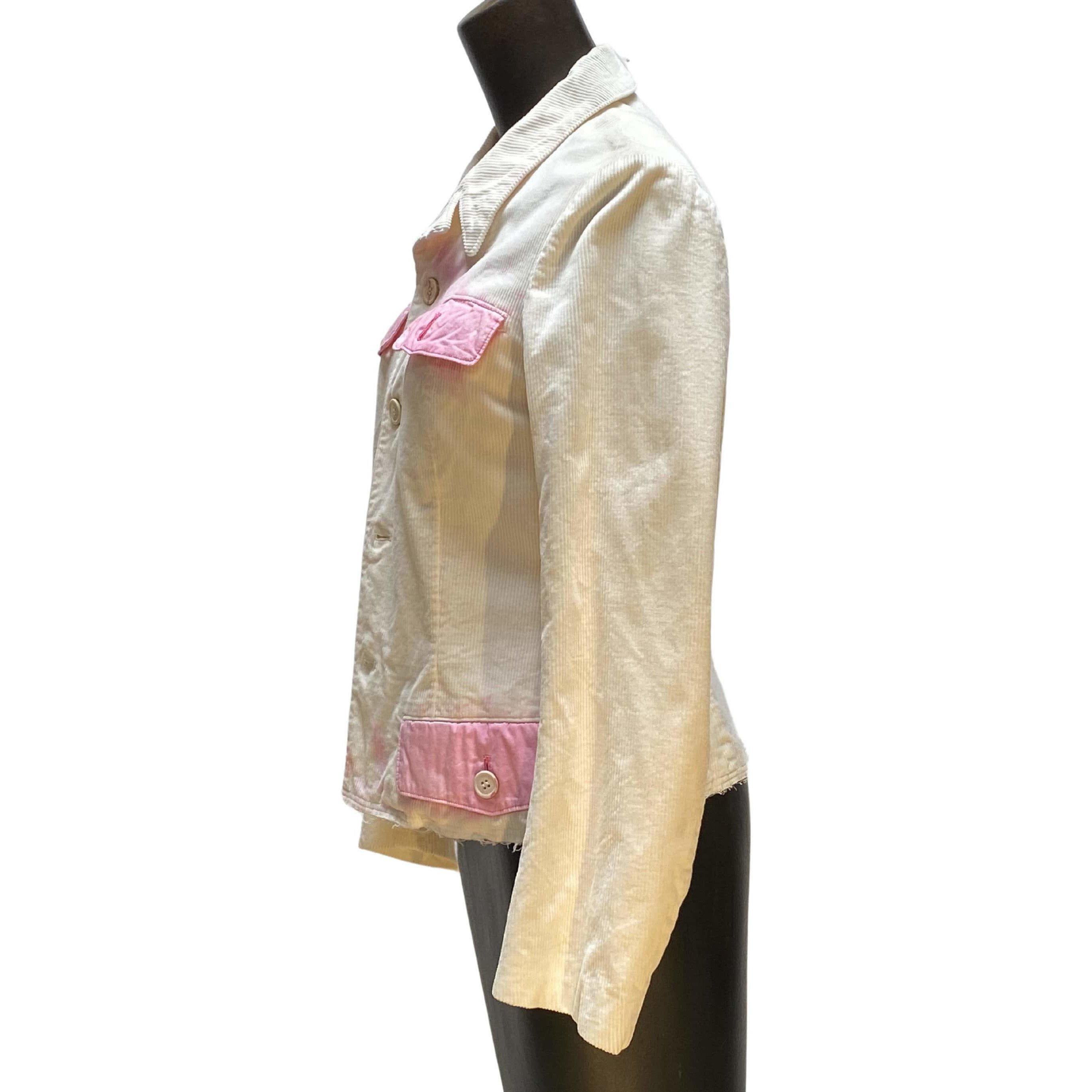 Veste vintage en velours côtelé Comme des Garçons, de couleur crème, de coupe carrée, avec des poches roses 