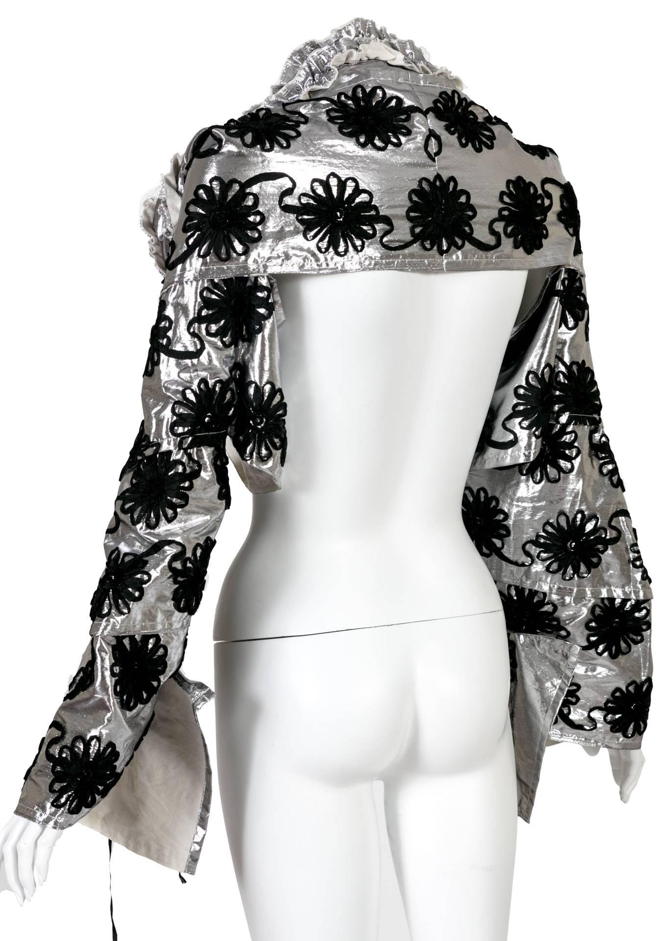 Comme Des Garcons  Cropped Silver Floral Ribbon Applique Rosette Collar Jacket  For Sale 3