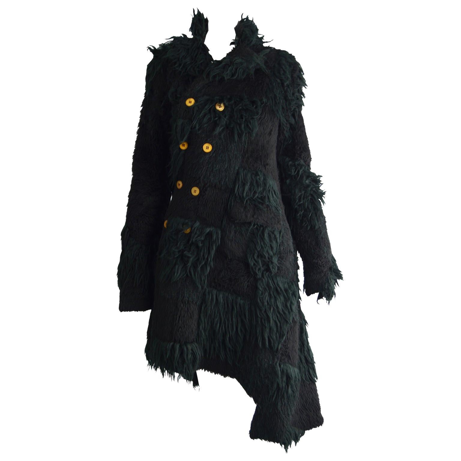 Comme Des Garcons Deconstructed Patchwork Shaggy Black Faux Fur Coat A/W 2002 For Sale
