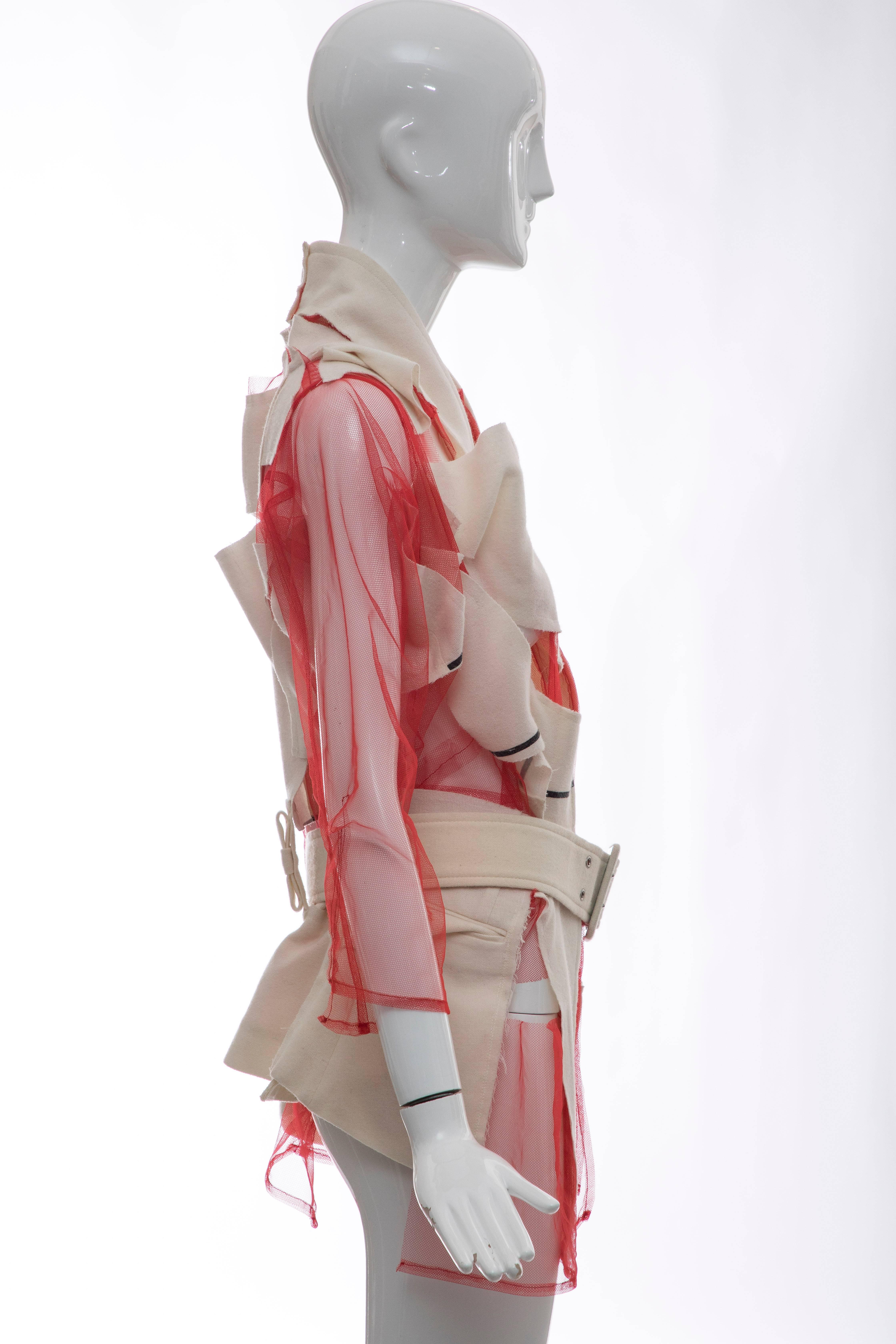 White Comme des Garcons Deconstructed Red Mesh Jacket Cream Wool Patchwork, Spring 2007