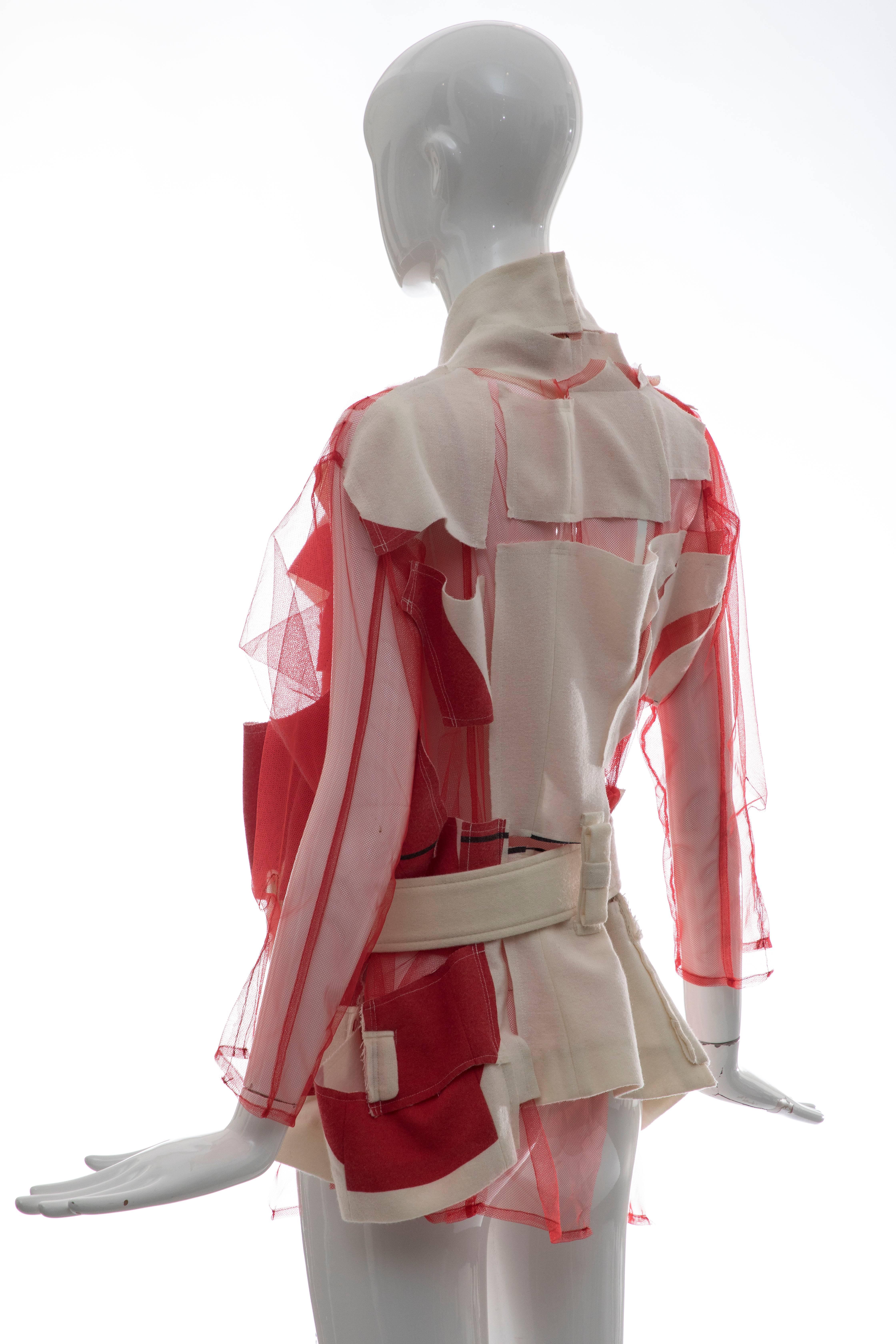 Women's Comme des Garcons Deconstructed Red Mesh Jacket Cream Wool Patchwork, Spring 2007