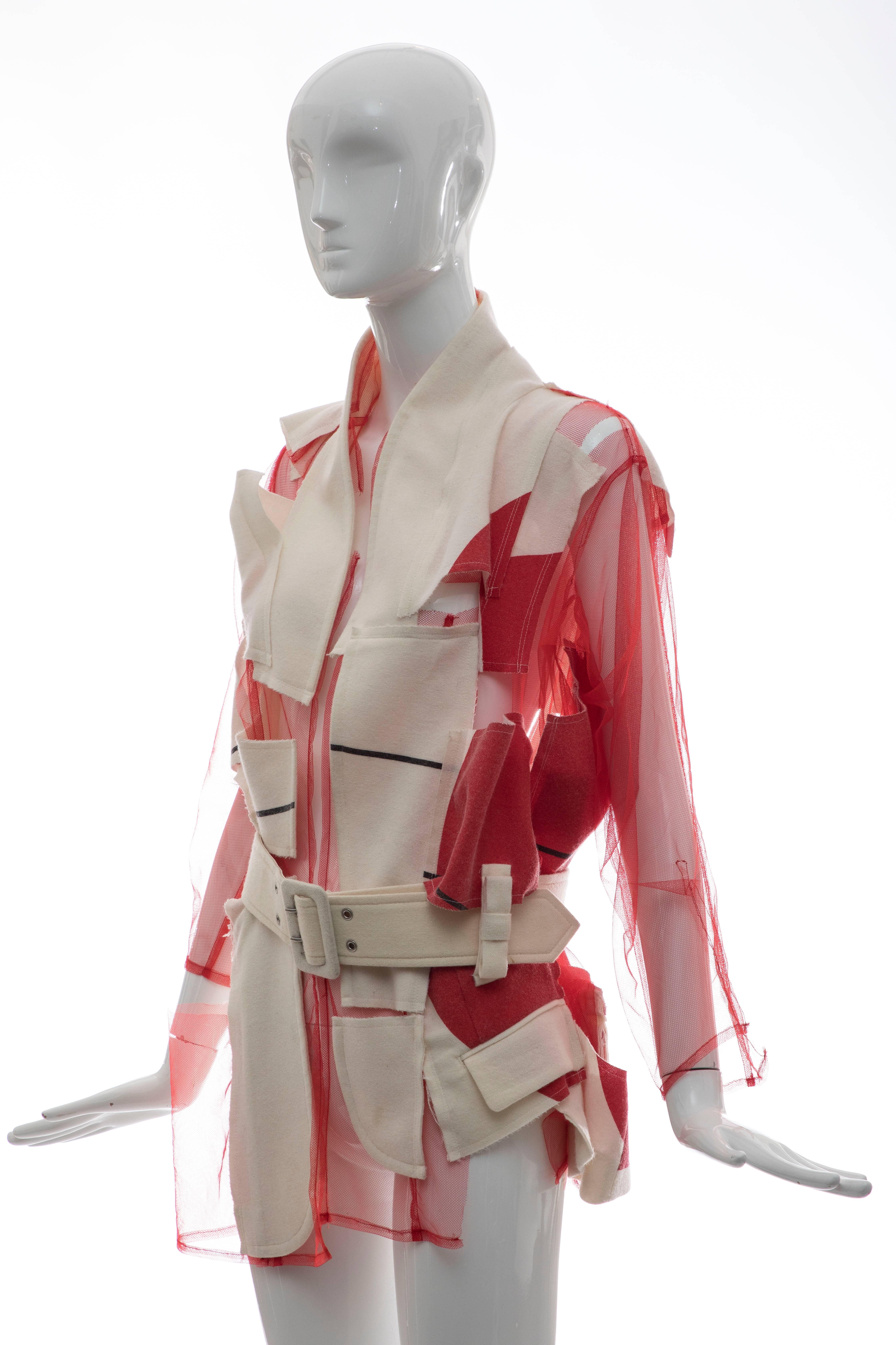Comme des Garcons Deconstructed Red Mesh Jacket Cream Wool Patchwork, Spring 2007 2