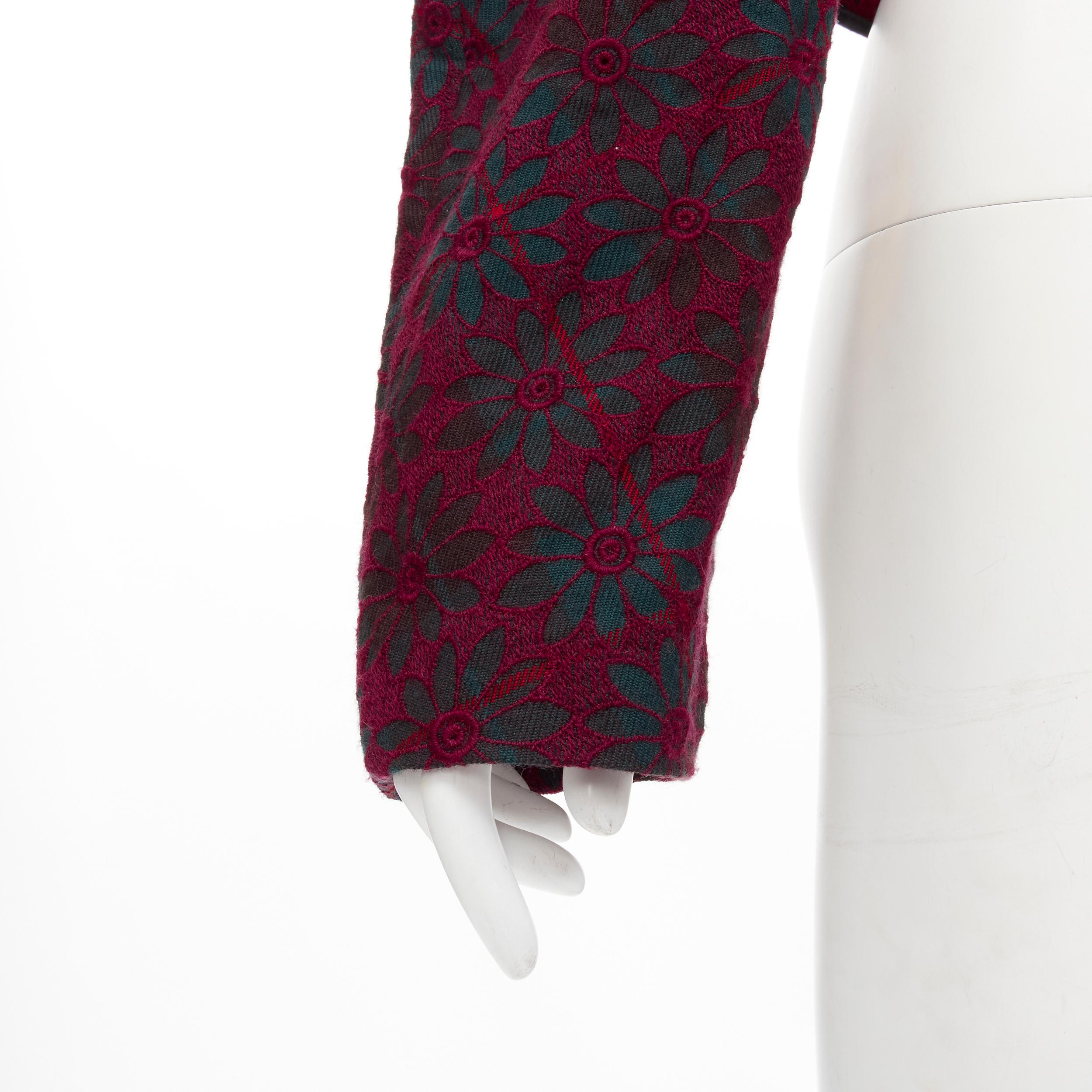 COMME DES GARCONS green plaid burgundy floral embroidery wrap jacket S For Sale 5