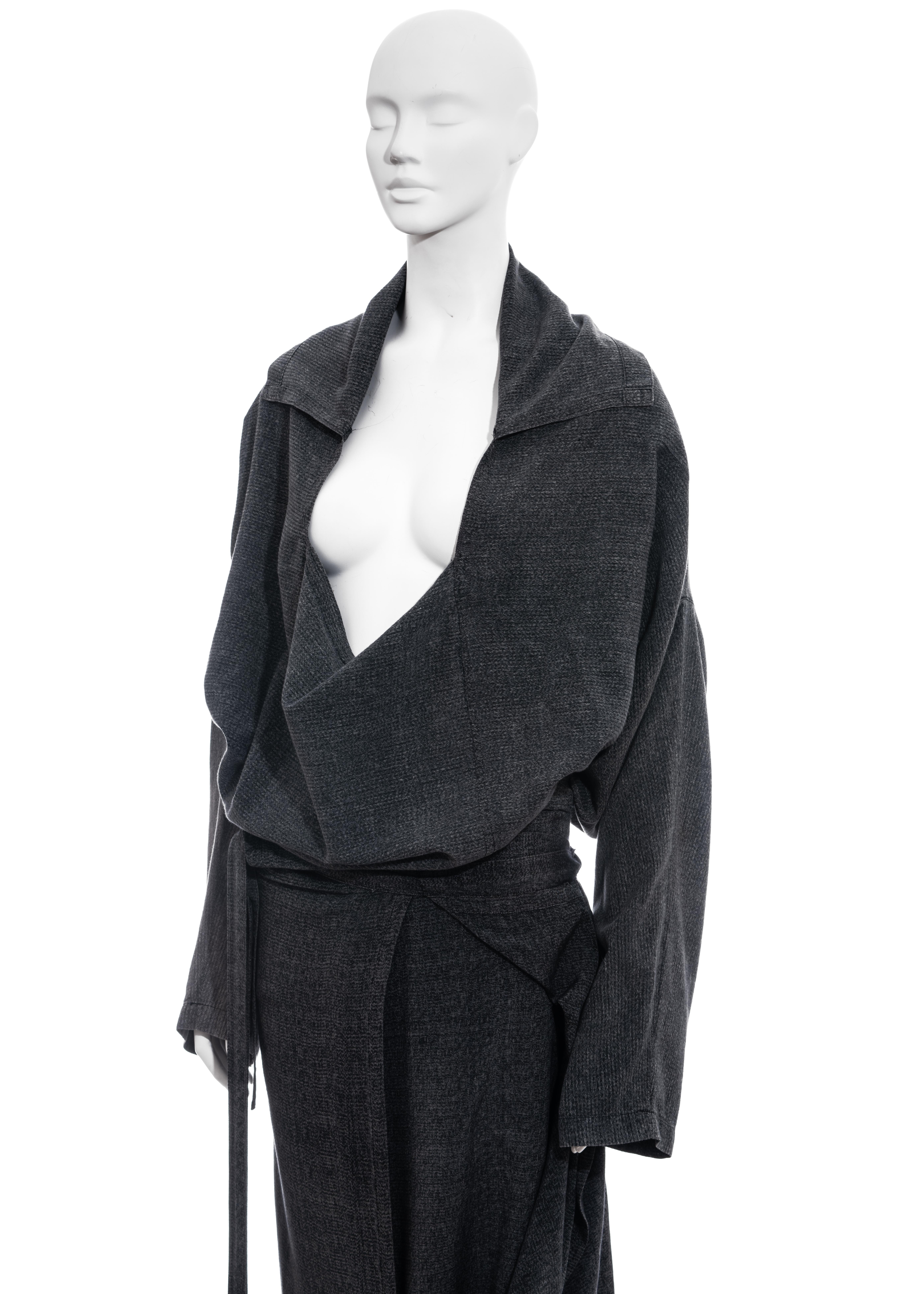 Black Comme des Garçons grey rayon blouse and wrap skirt set, 1984