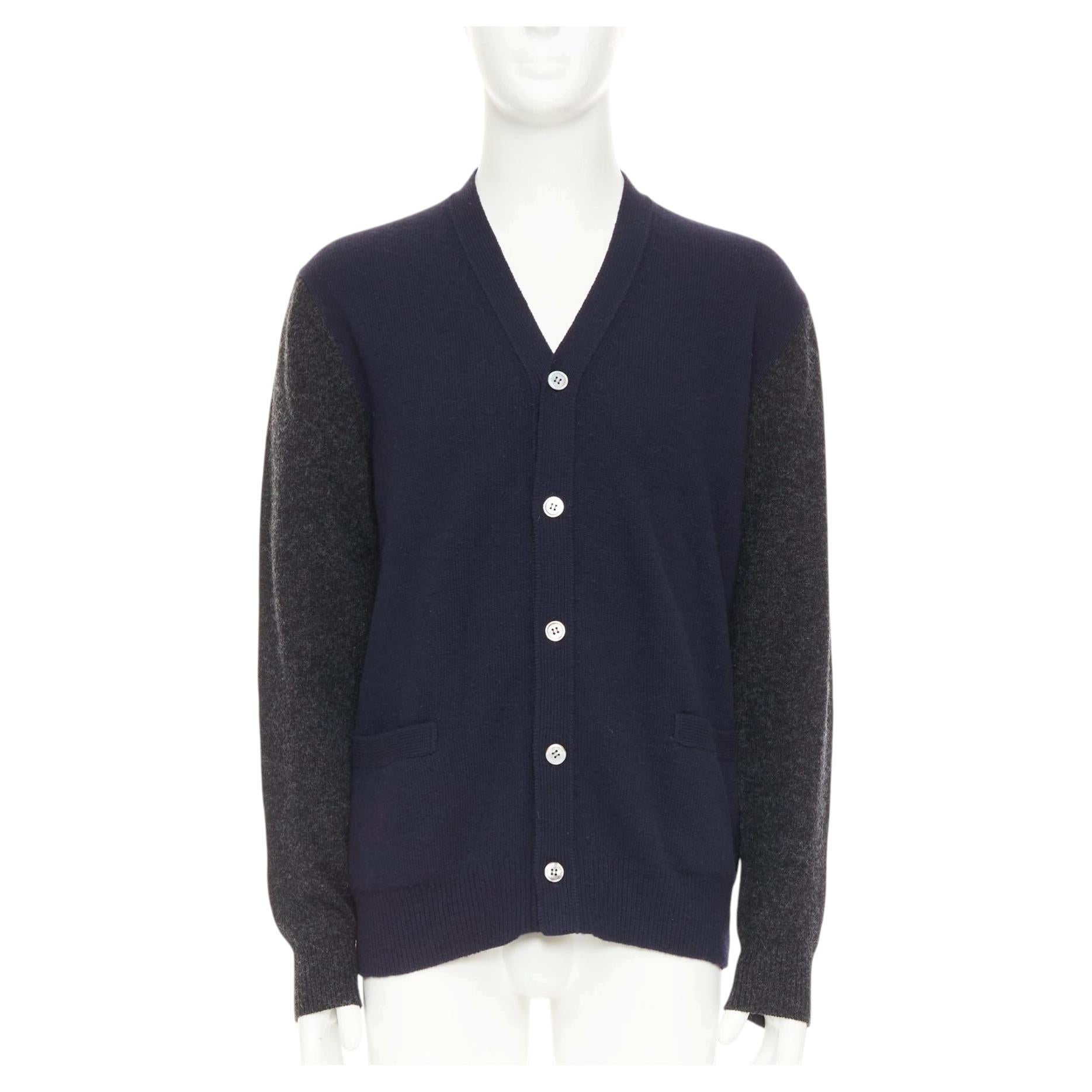 COMME DES GARCONS HOMME 2009 navy grey wool blend 2-tone cardigan sweater L