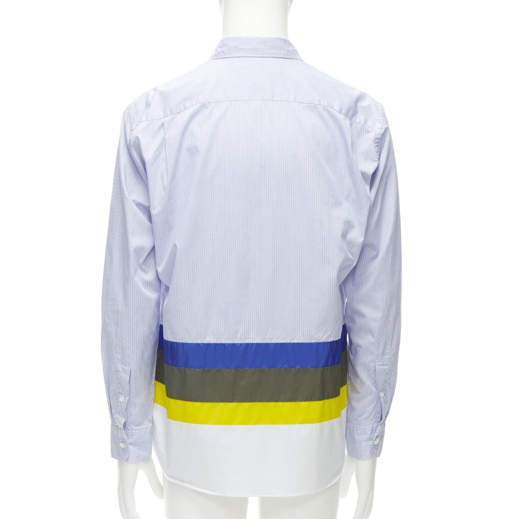 Men's COMME DES GARCONS HOMME 2017 nylon patchwork hem blue pinstriped cotton shirt M For Sale