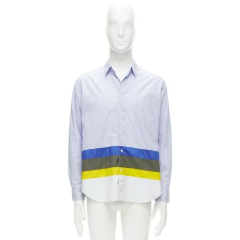 COMME DES GARCONS HOMME 2017 nylon patchwork hem blue pinstriped cotton shirt M For Sale 4