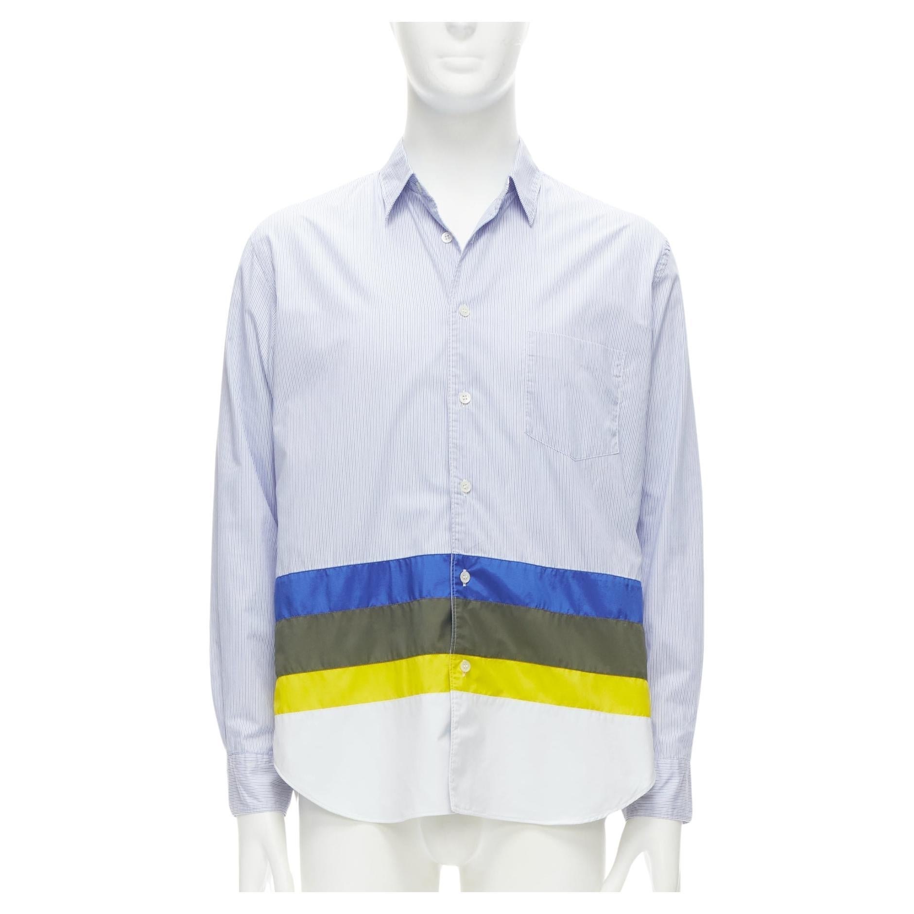 COMME DES GARCONS HOMME 2017 nylon patchwork hem blue pinstriped cotton shirt M For Sale