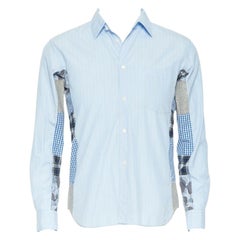 COMME DES GARCONS HOMME DEUX blue cotton shirt pinstripe check camo patch XS
