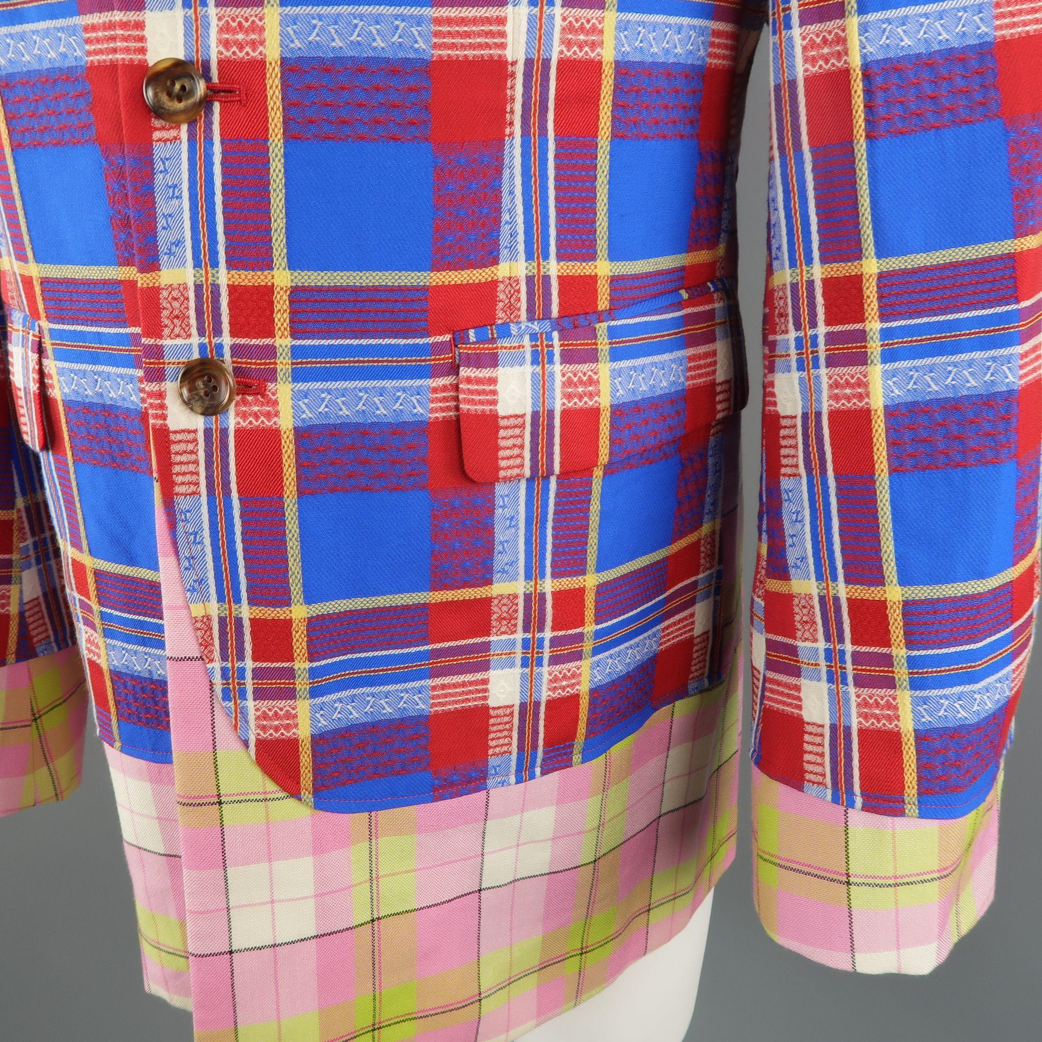 COMME des GARCONS HOMME PLUS M Blue Red Pink & Green Mixed Plaid Wool Sport Coat In Excellent Condition In San Francisco, CA