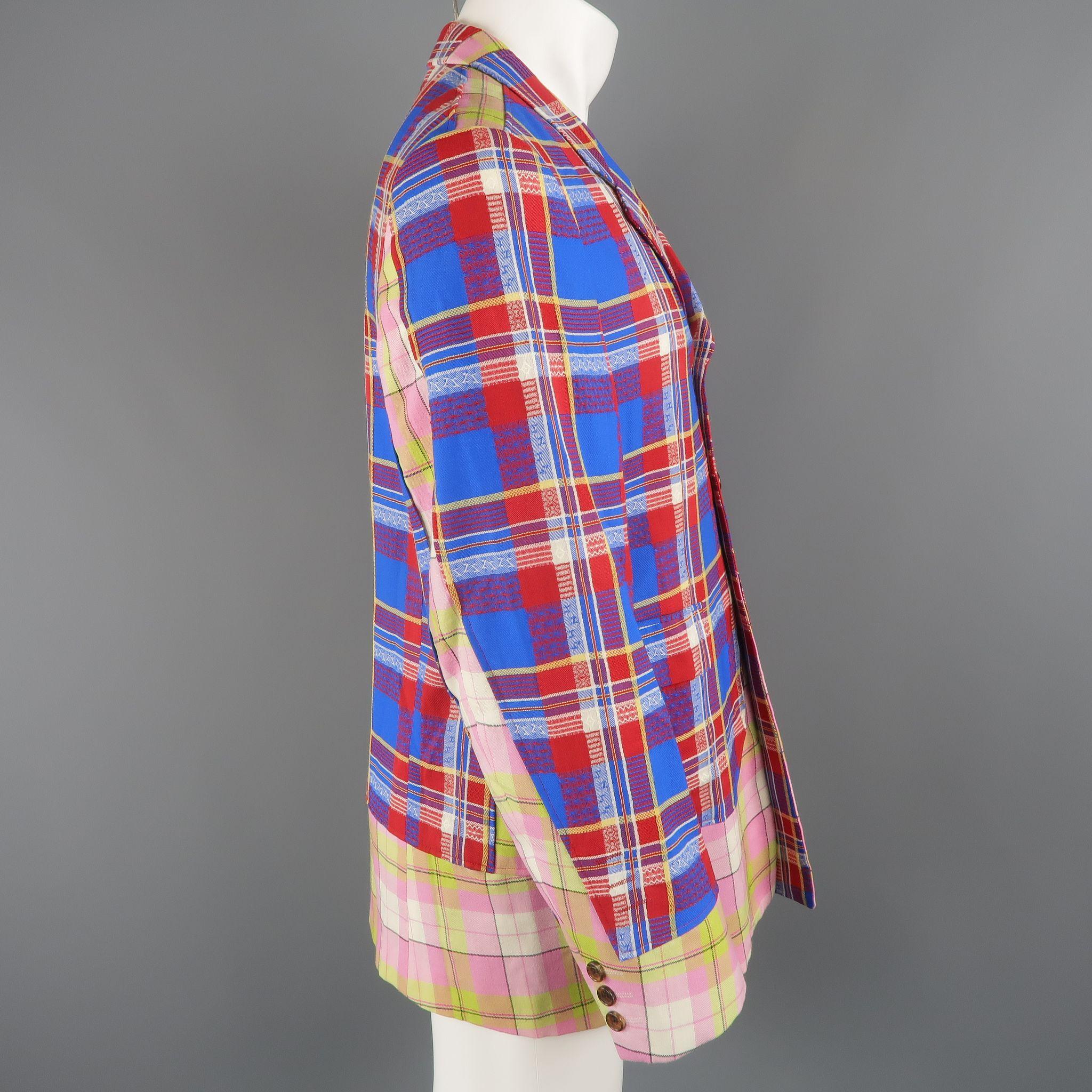COMME des GARCONS HOMME PLUS M Blue Red Pink & Green Mixed Plaid Wool Sport Coat 1