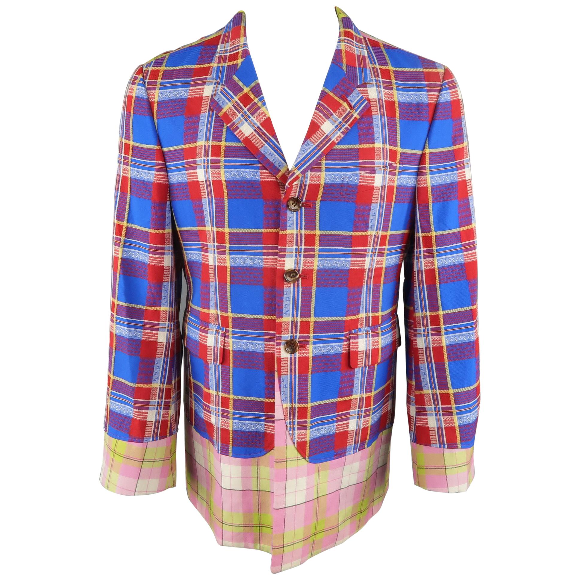 COMME des GARCONS HOMME PLUS M Blue Red Pink & Green Mixed Plaid Wool Sport Coat