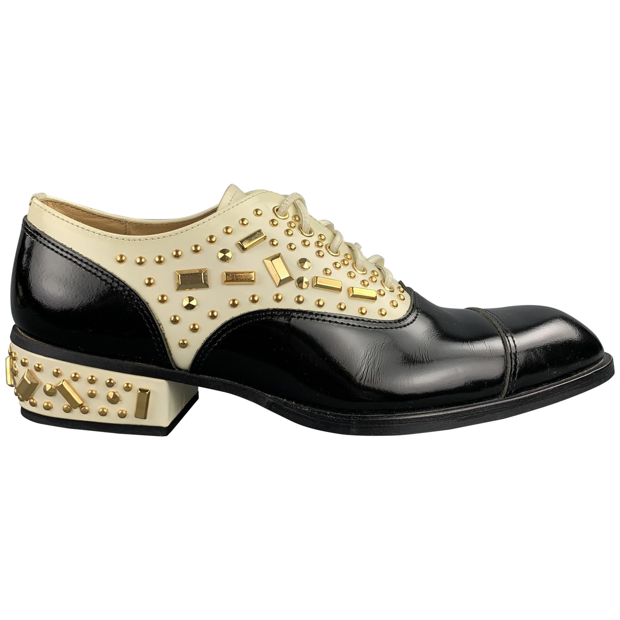 COMME des GARCONS HOMME PLUS Size 10 Black & Cream Studded Leather Lace Up Shoes