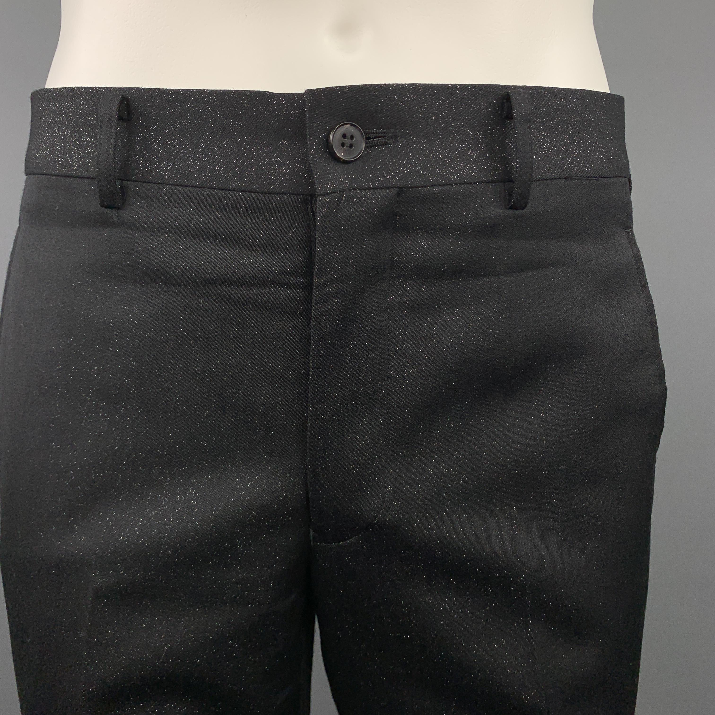 COMME des GARCONS HOMME PLUS dress pants come in black wool blend sparkle twill with a slim flat front leg. Made in Japan.

Excellent Pre-Owned Condition.
Marked: M  AD 2014

Measurements:

Waist: 34 in.
Rise: 9.75 in.
Inseam: 29 in.