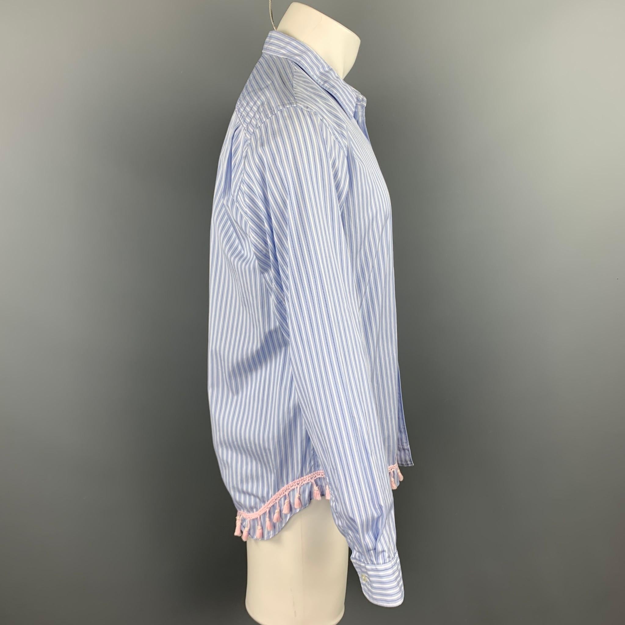 COMME des GARCONS HOMME PLUS long sleeve shirt comes in a blue stripe cotton with a pink fringe trim featuring a button up style, front pocket, and a spread collar. Made in Japan.

Very Good Pre-Owned Condition.
Marked: M / AD