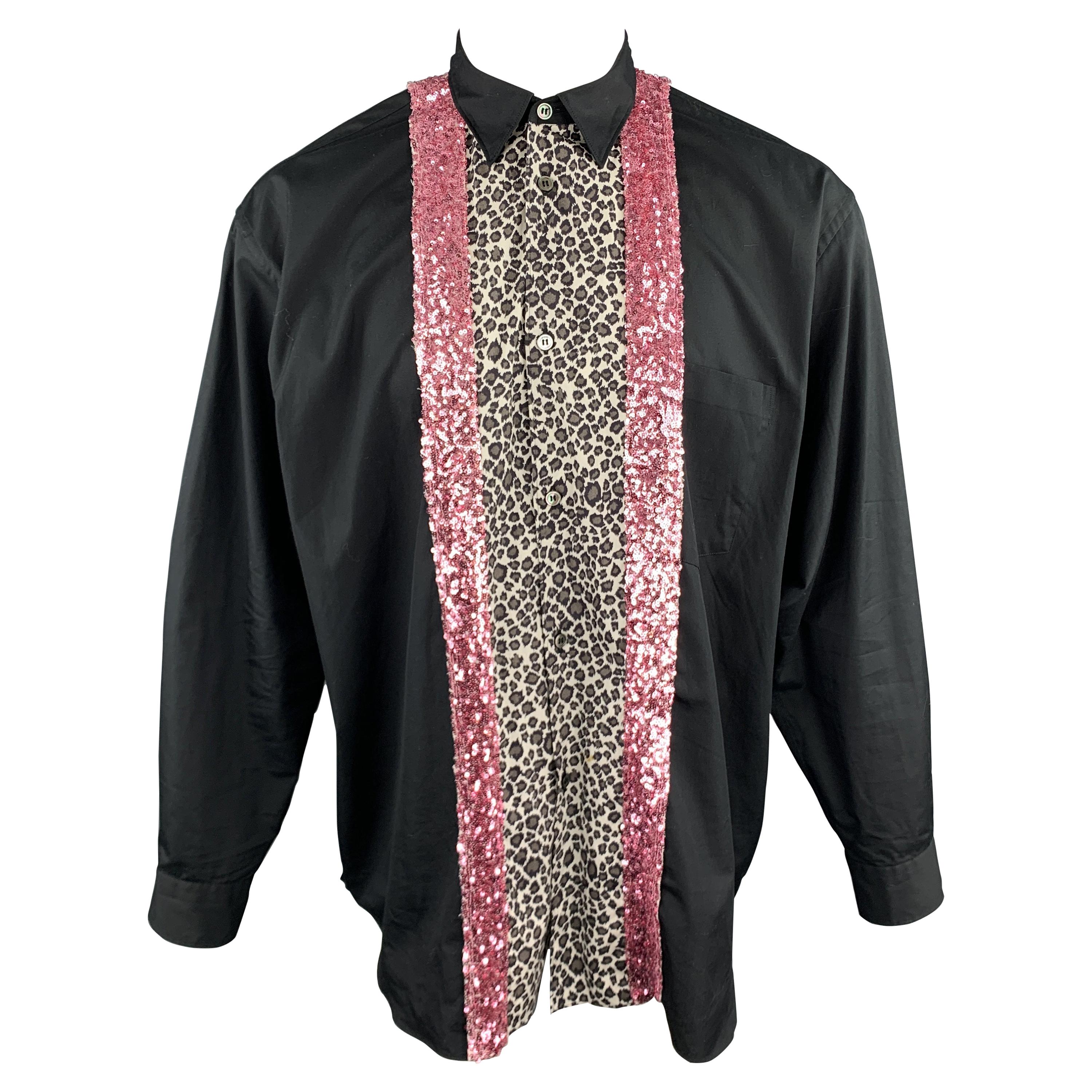 COMME des GARCONS HOMME PLUS Size S Black Cotton Leopard & Pink Sequin Shirt