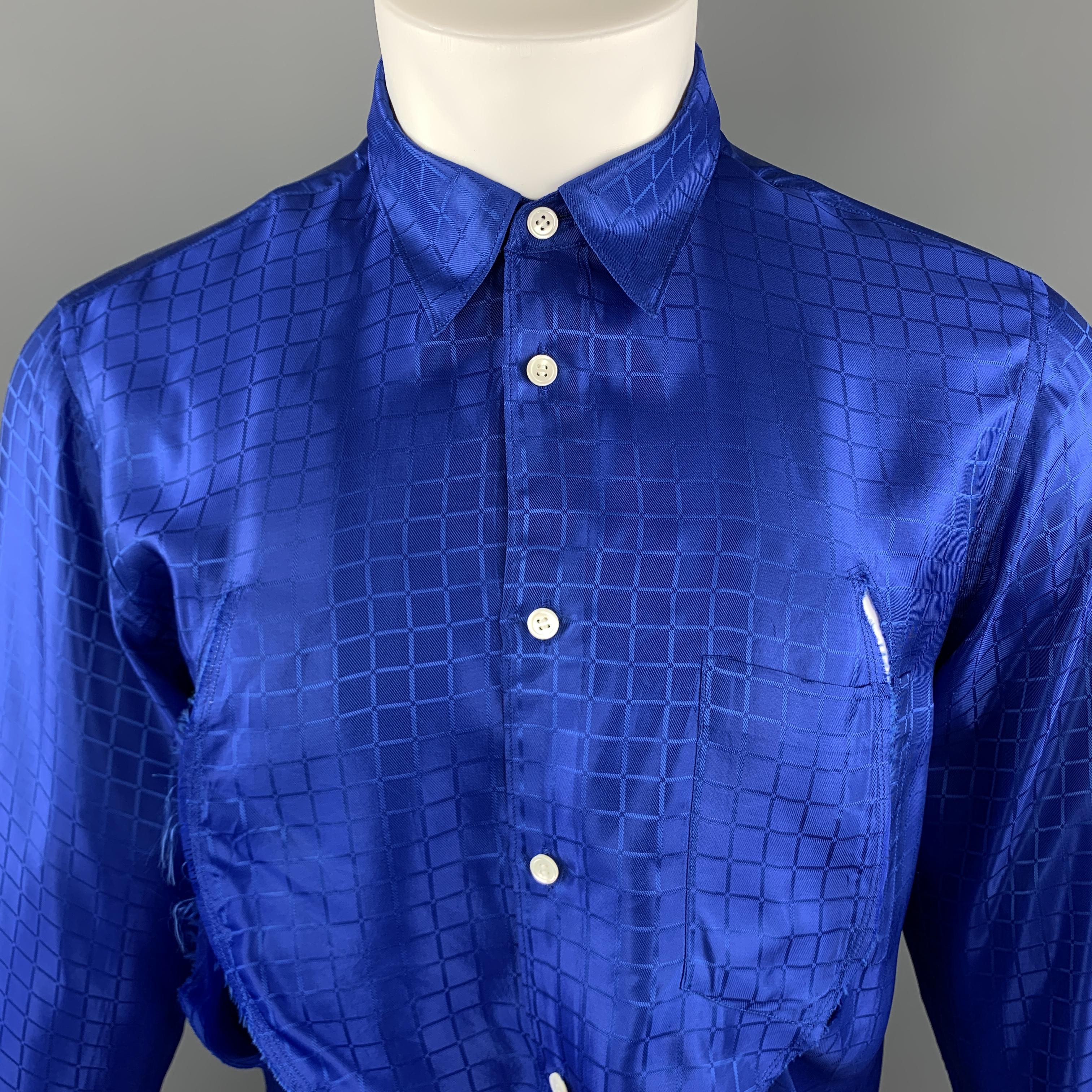 COMME des GARCONS HOMME PLUS long sleeve shirt comes in a window pane blue C pattern acetate / rayon material, featuring a pointed collar, a patch pocket, suspenders, a cut out front, and buttoned cuffs. Matching pants available separately. Made in