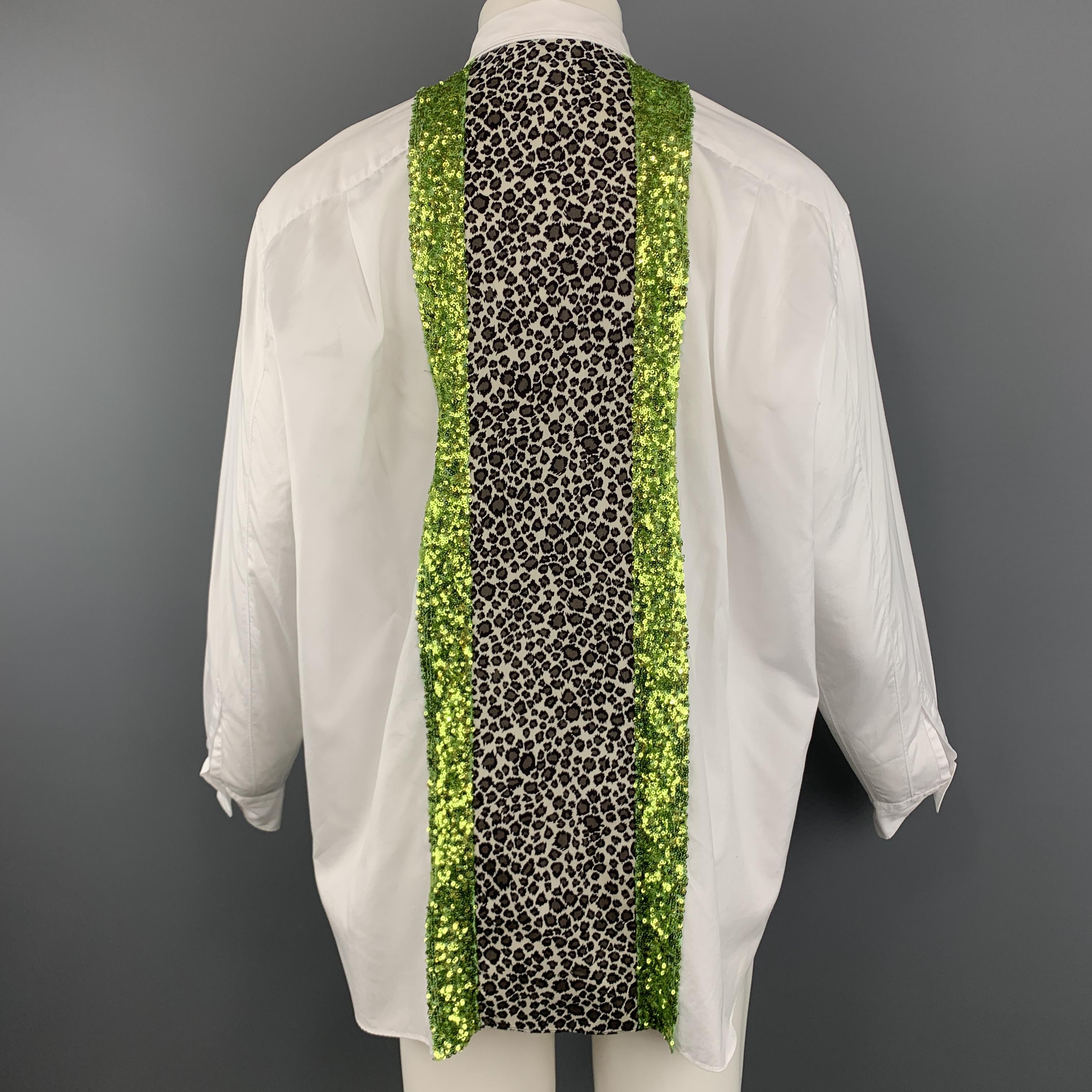 COMME des GARCONS HOMME PLUS Size S White Cotton Leopard & Green Sequin Stripe S In Excellent Condition In San Francisco, CA