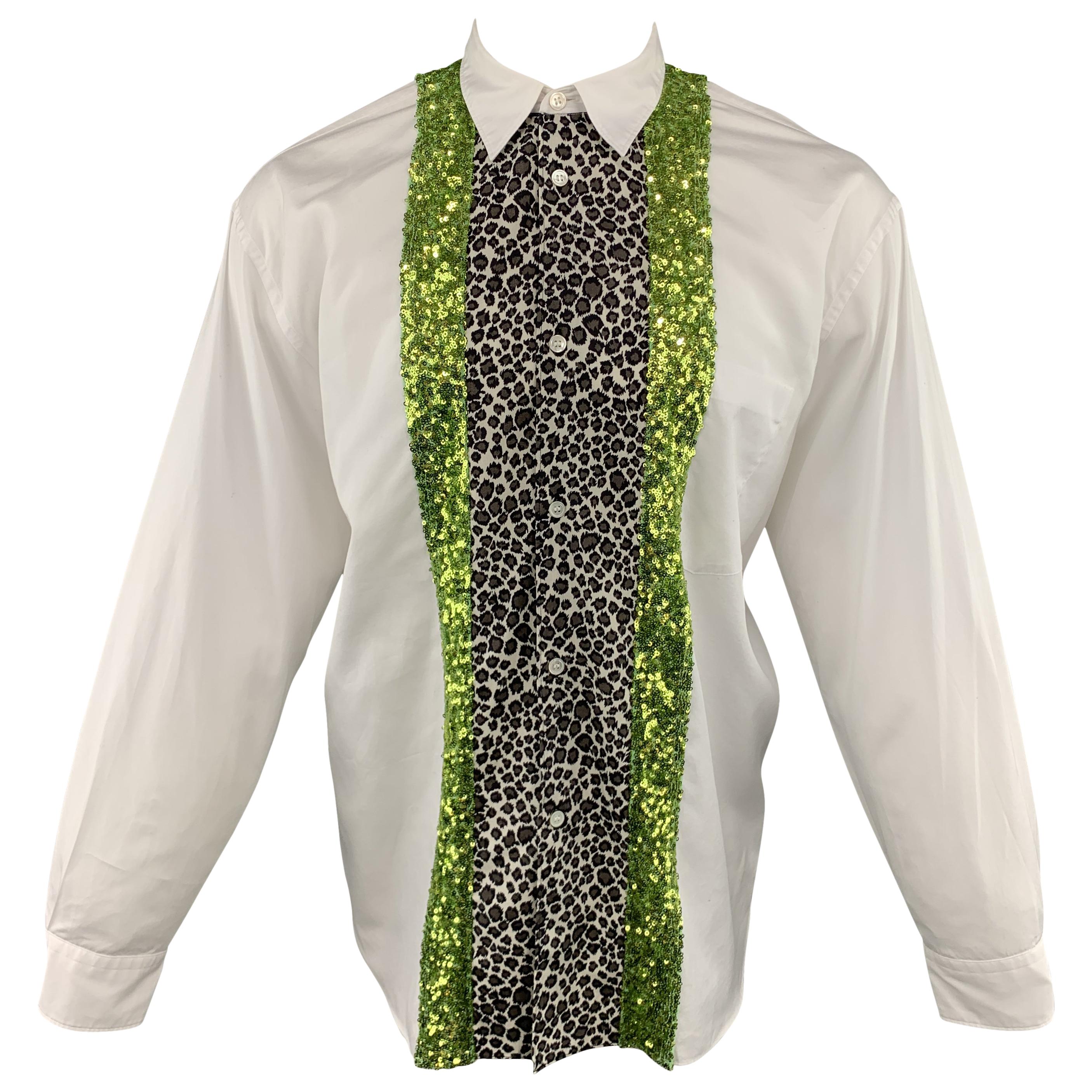 COMME des GARCONS HOMME PLUS Size S White Cotton Leopard & Green Sequin Stripe S