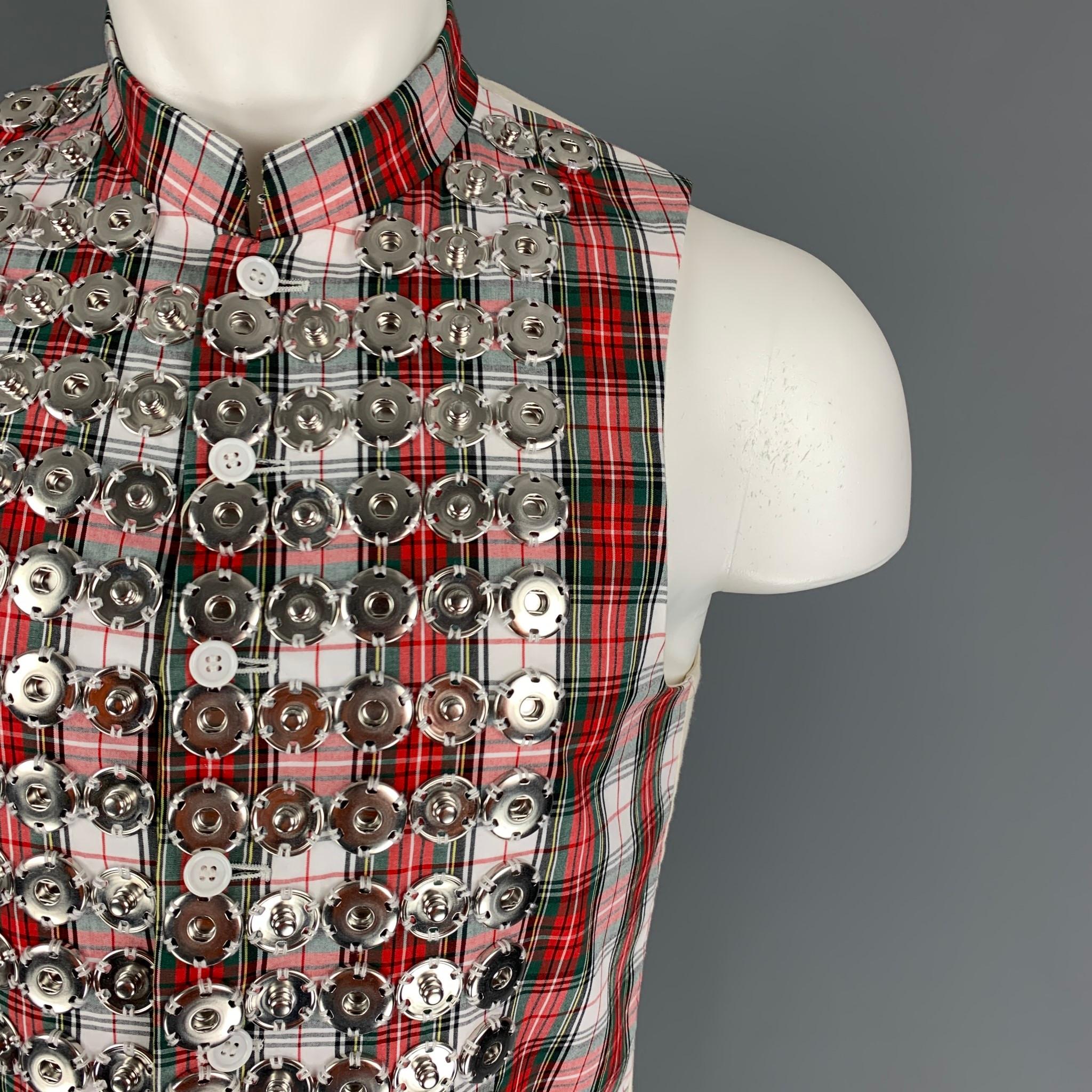 COMME des GARCONS HOMME PLUS vest comes in a white & red plaid cotton featuring silver tone hardware details, front pockets, back belt, collarless, and a buttoned closure. Made in Japan. 

New With Tags. 
Marked: M
Original Retail Price: