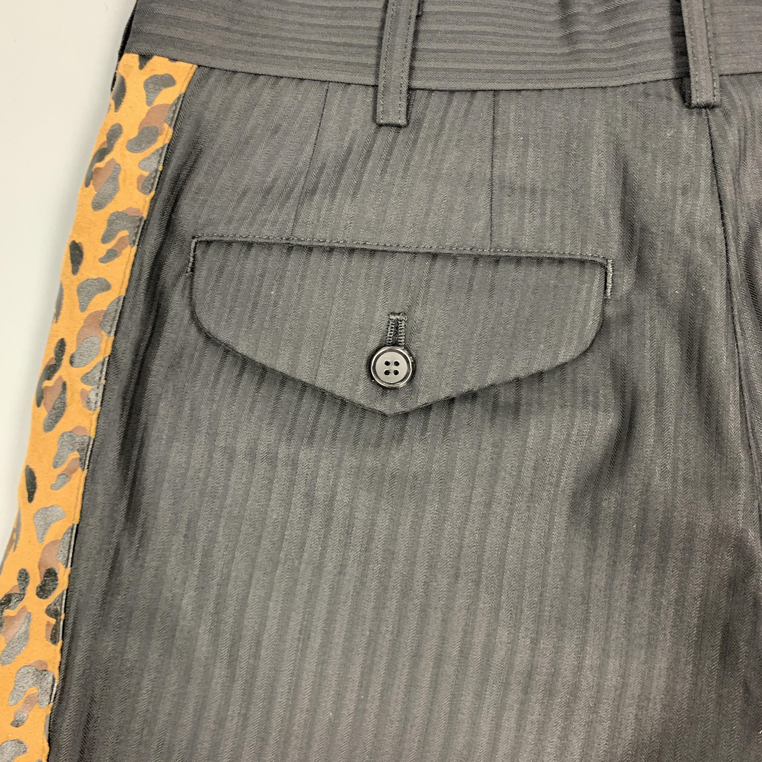 COMME des GARCONS HOMME PLUS XS Black Wool / Silk Striped Leaoprd Panel Shorts In Excellent Condition In San Francisco, CA