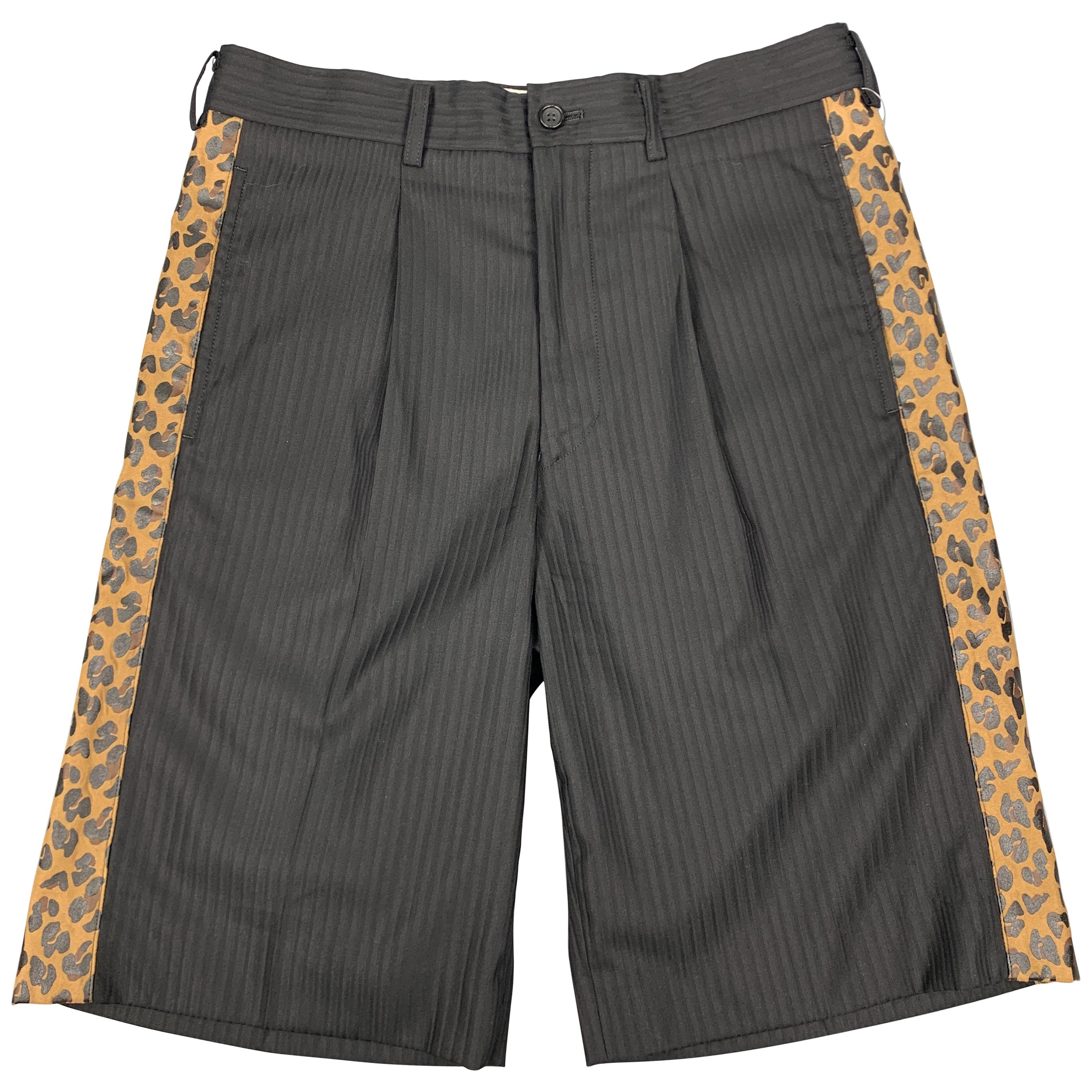 COMME des GARCONS HOMME PLUS XS Black Wool / Silk Striped Leaoprd Panel Shorts