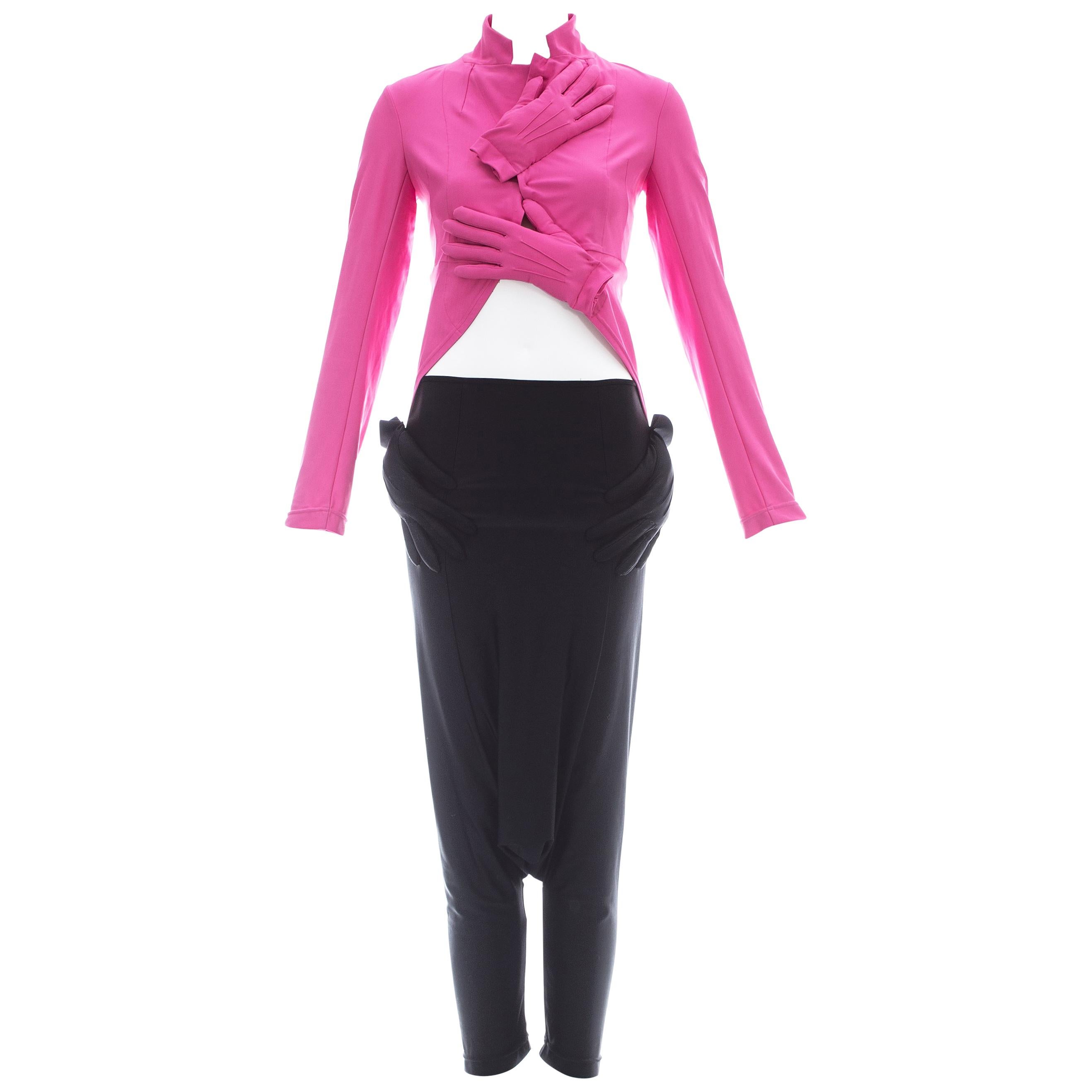 Comme des Garcons hot pink and black lycra jacket and harem pants set, fw 2007