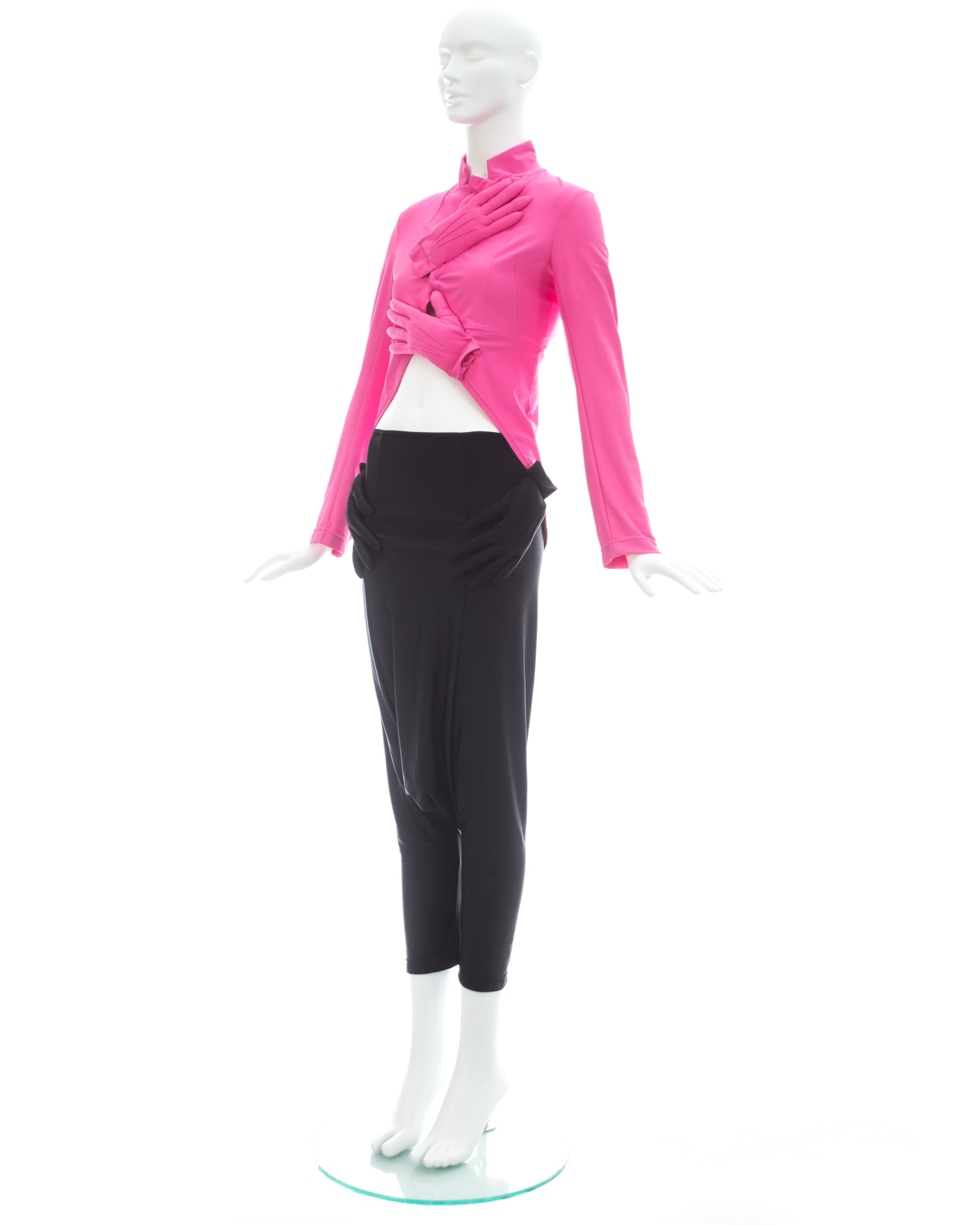 Black Comme des Garcons hot pink and black lycra jacket and harem pants set, fw 2007